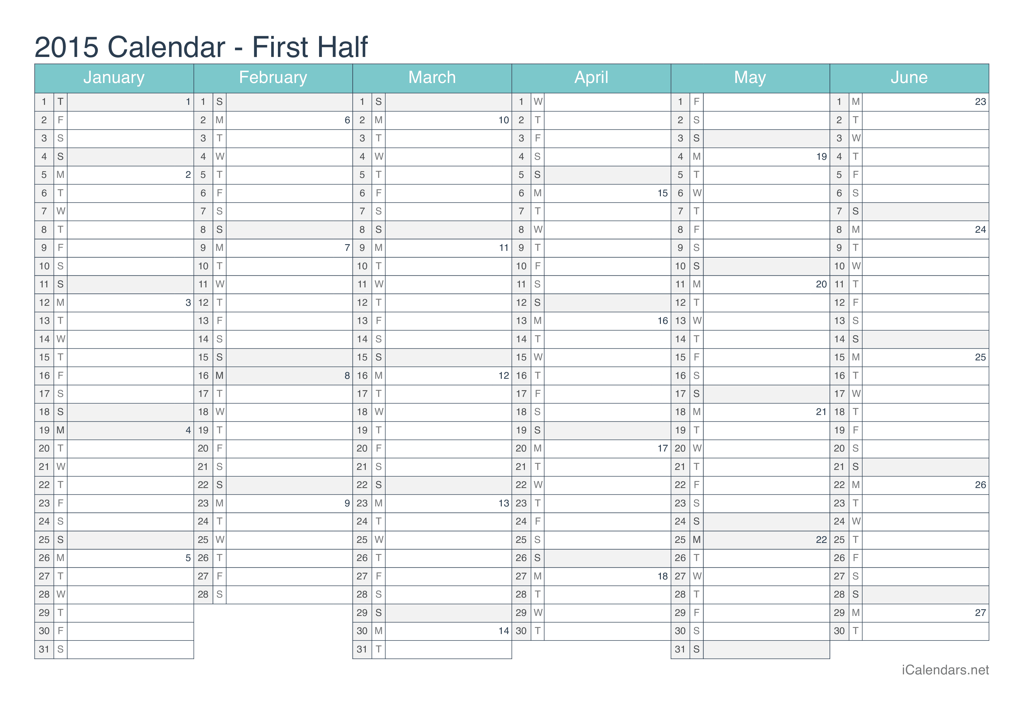 2015 Half year calendar with week numbers - Turquoise