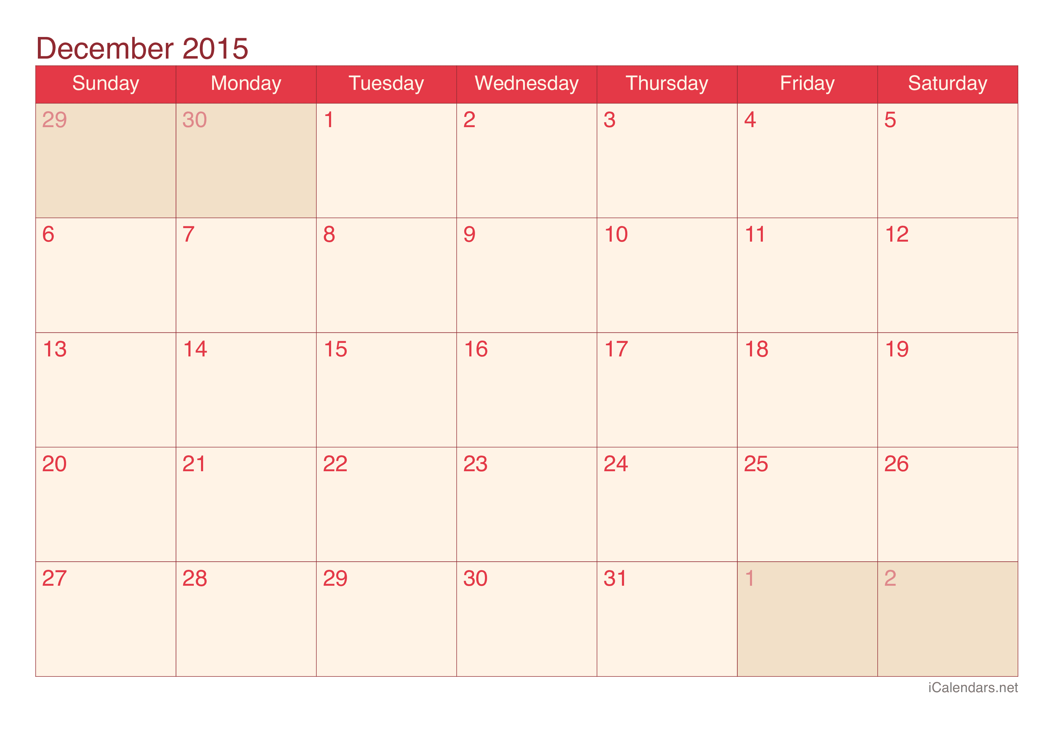 2015 December Calendar - Cherry