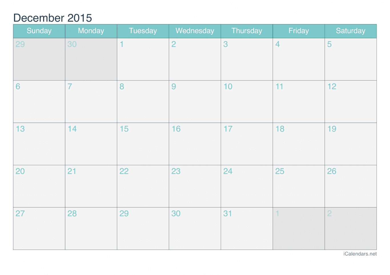 2015 December Calendar - Turquoise