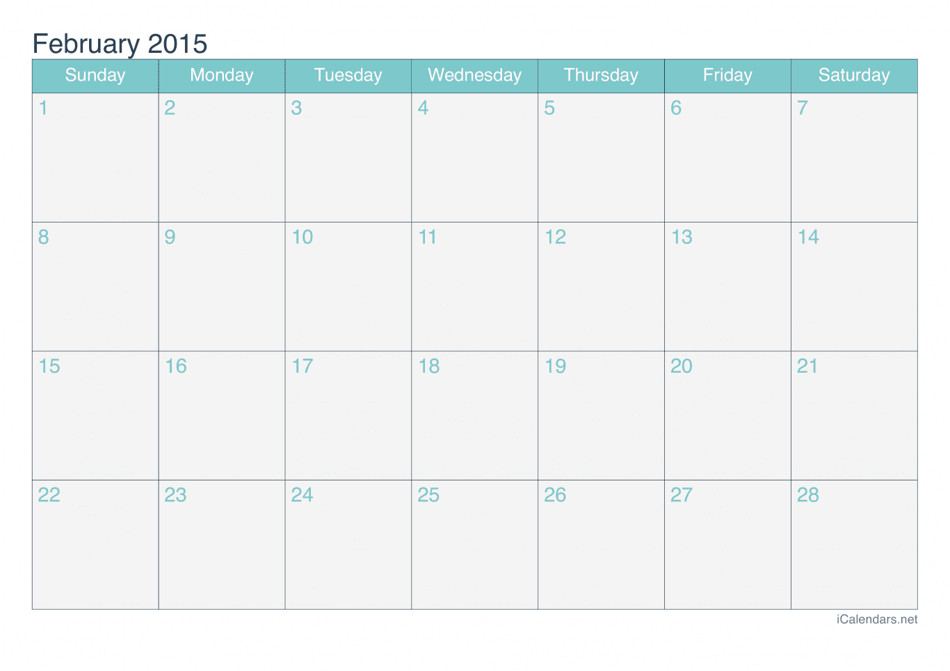 2015 February Calendar - Turquoise