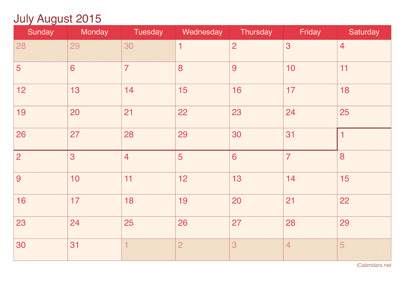 2015 July August Calendar - Cherry