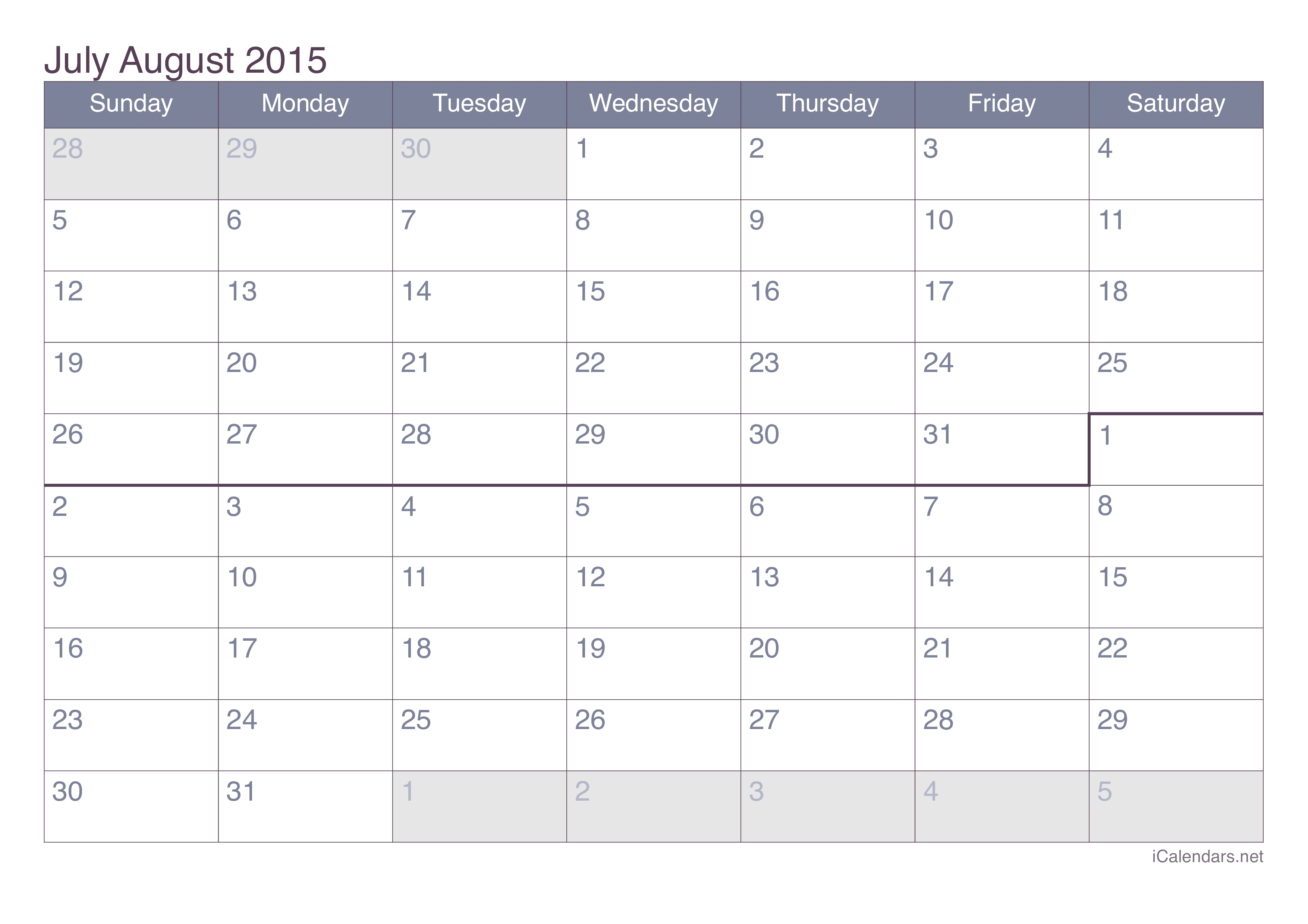 2015 July August Calendar - Office