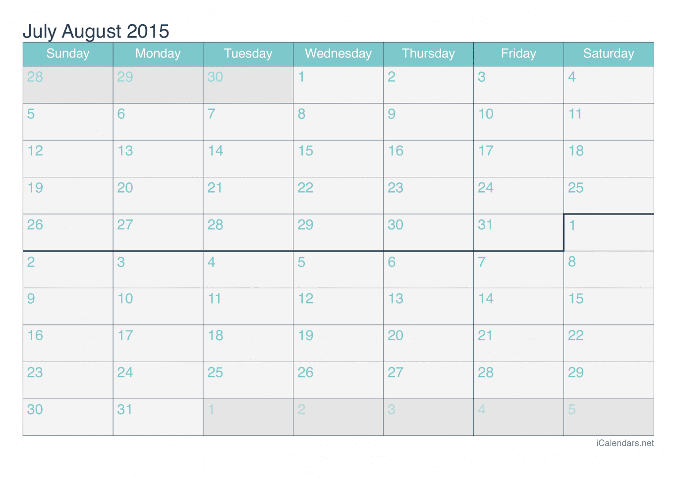 2015 July August Calendar - Turquoise