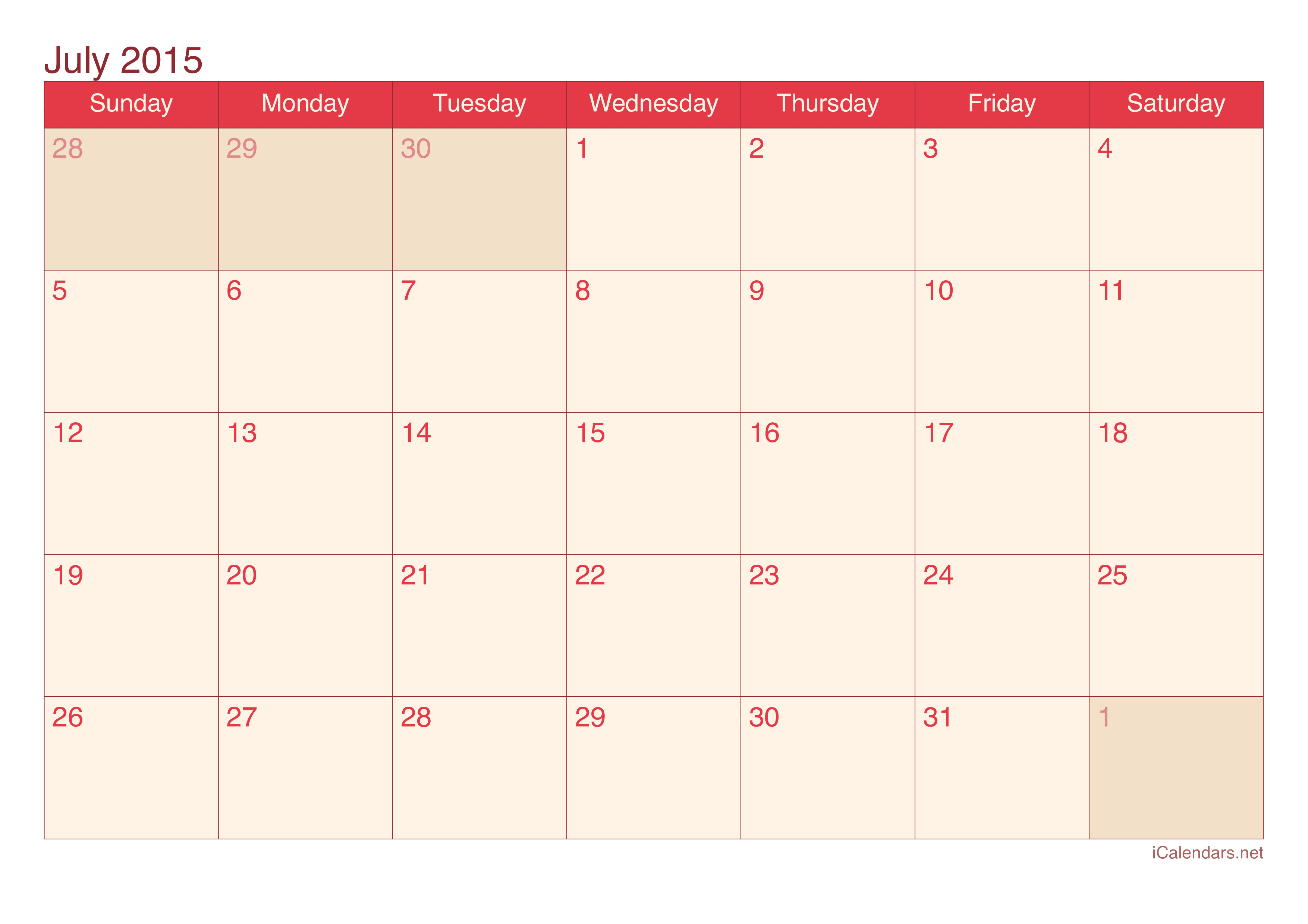 2015 July Calendar - Cherry