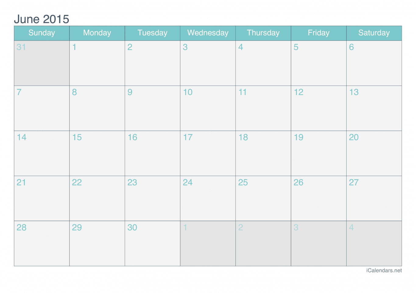 2015 June Calendar - Turquoise