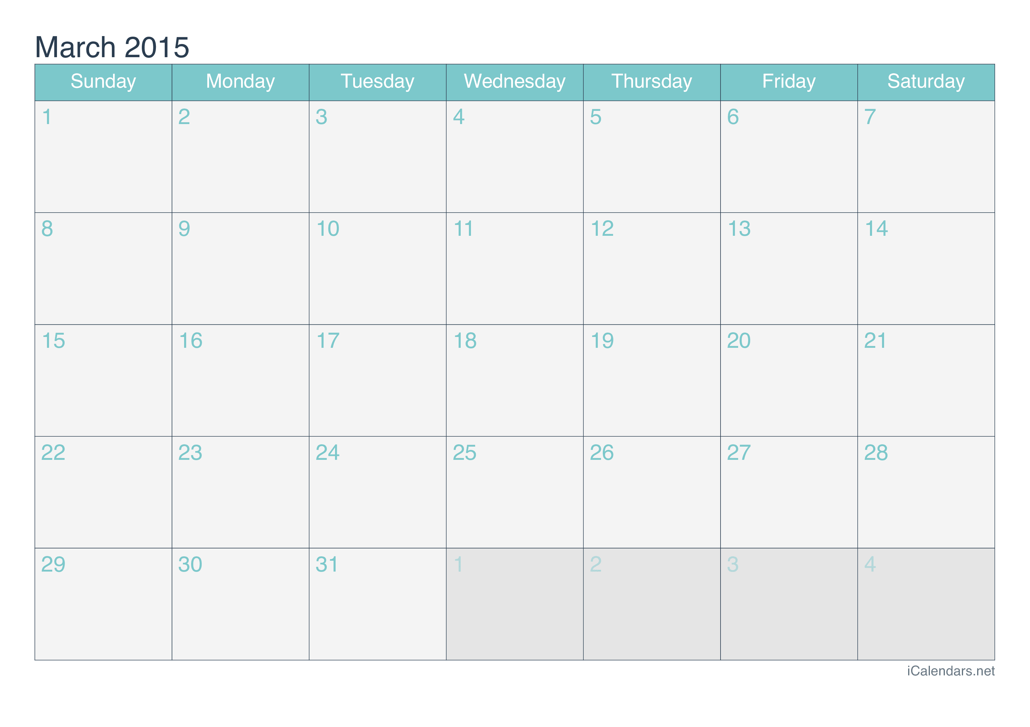 2015 March Calendar - Turquoise