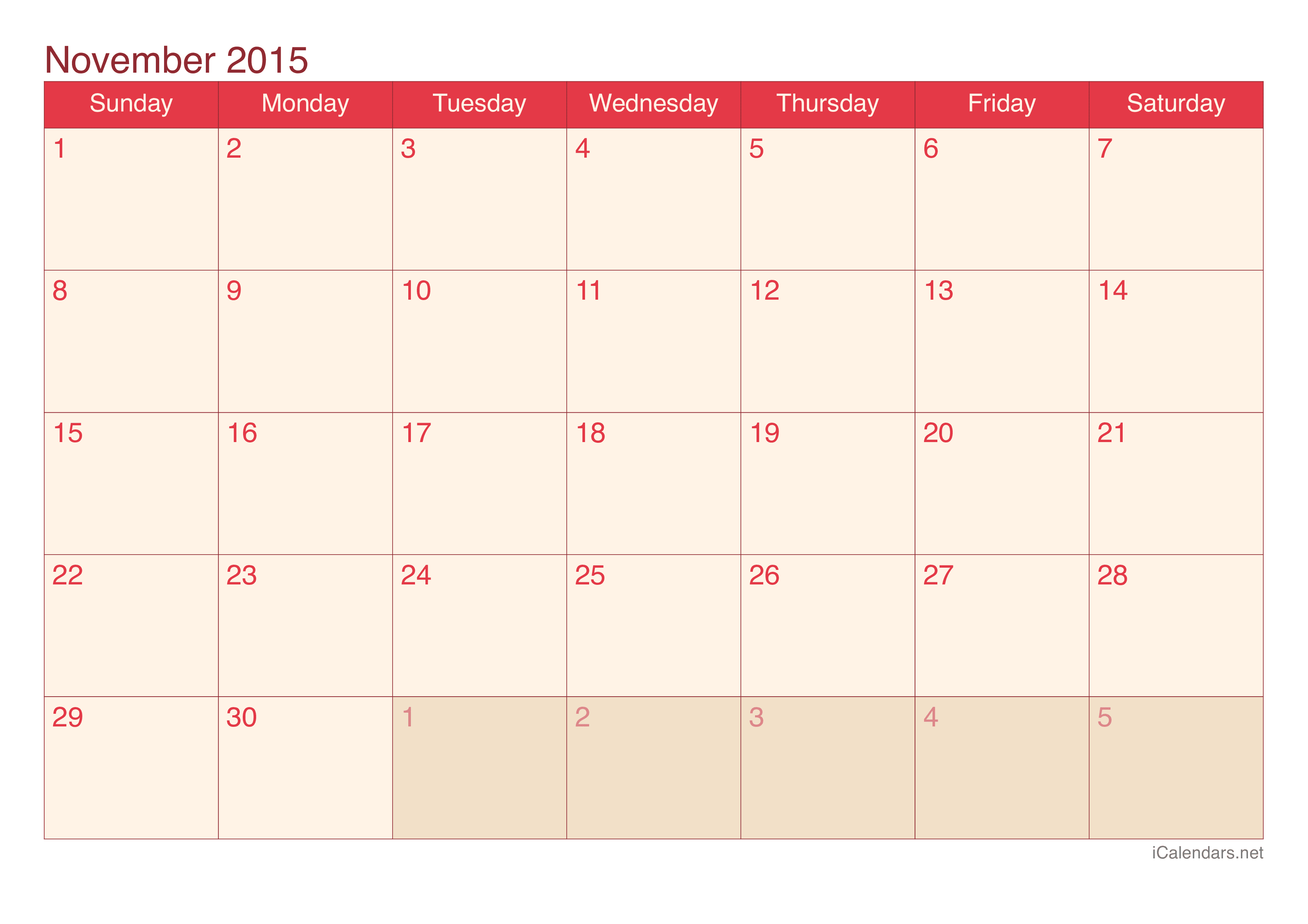 2015 November Calendar - Cherry