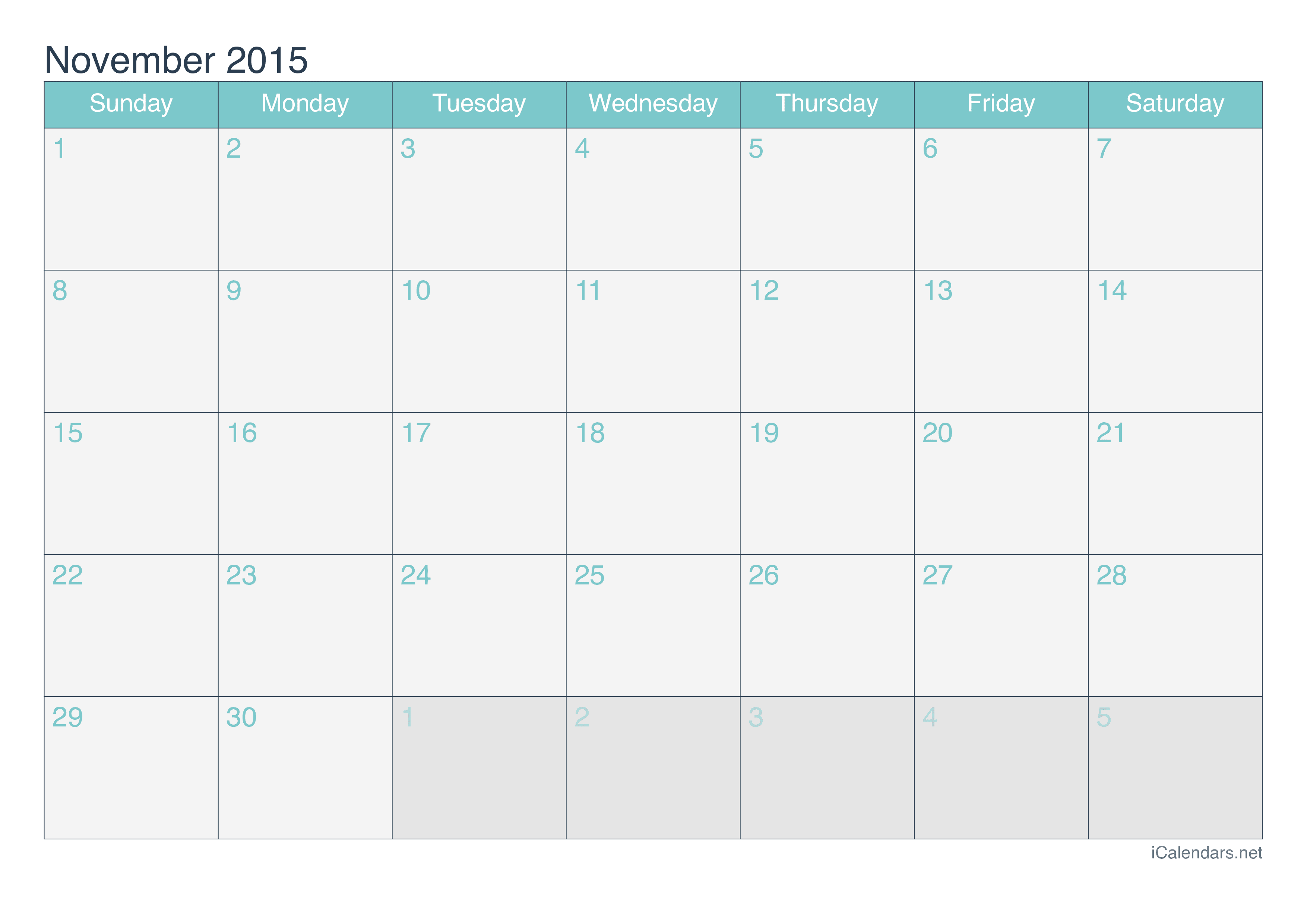 2015 November Calendar - Turquoise