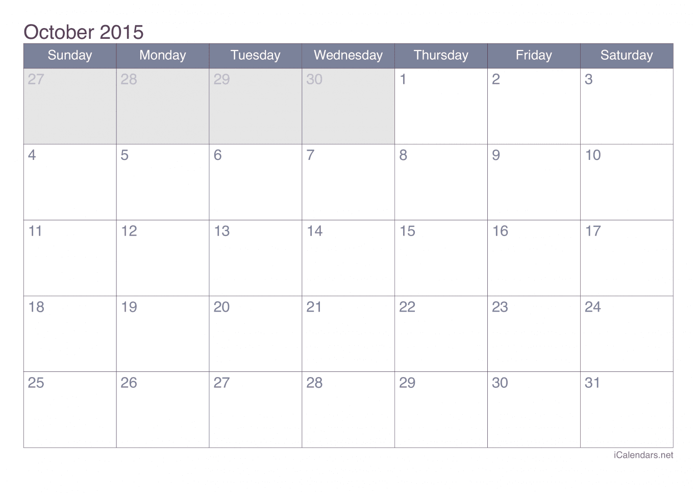 2015 October Calendar - Office