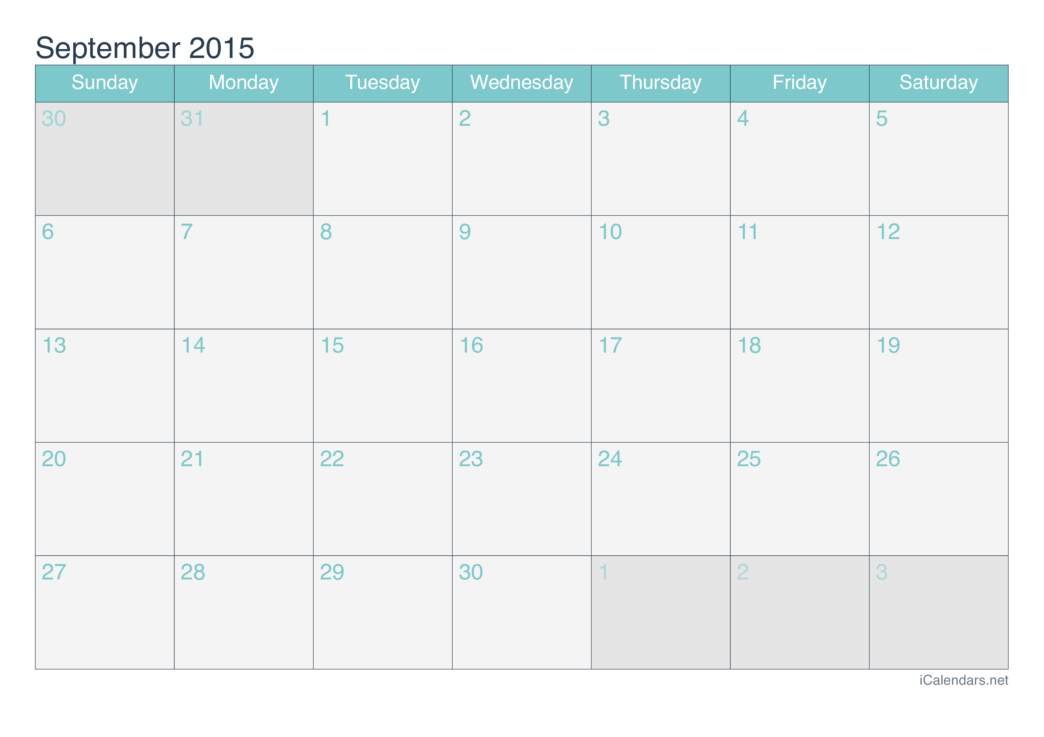 2015 September Calendar - Turquoise