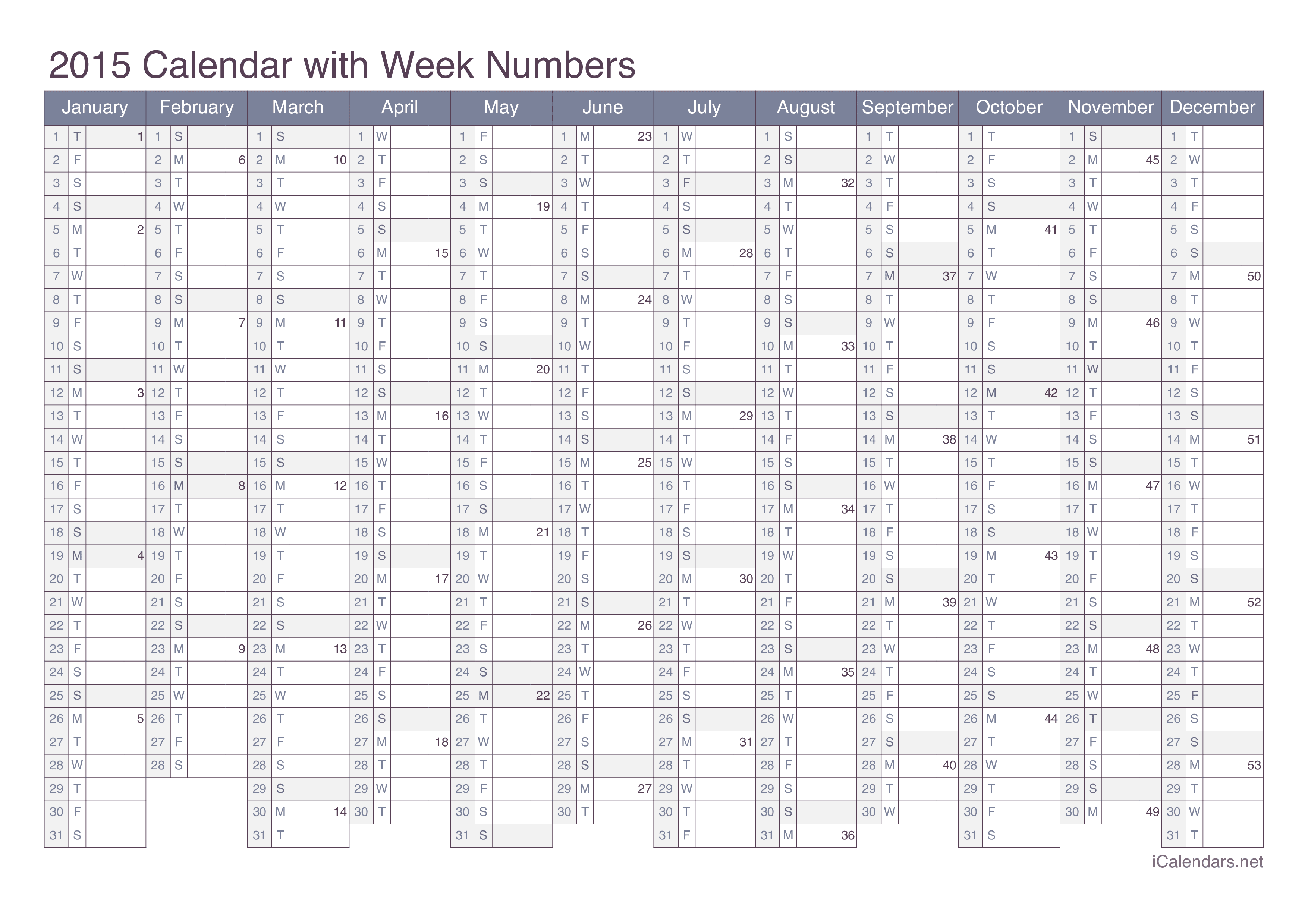 2015 Calendar with week numbers - Office