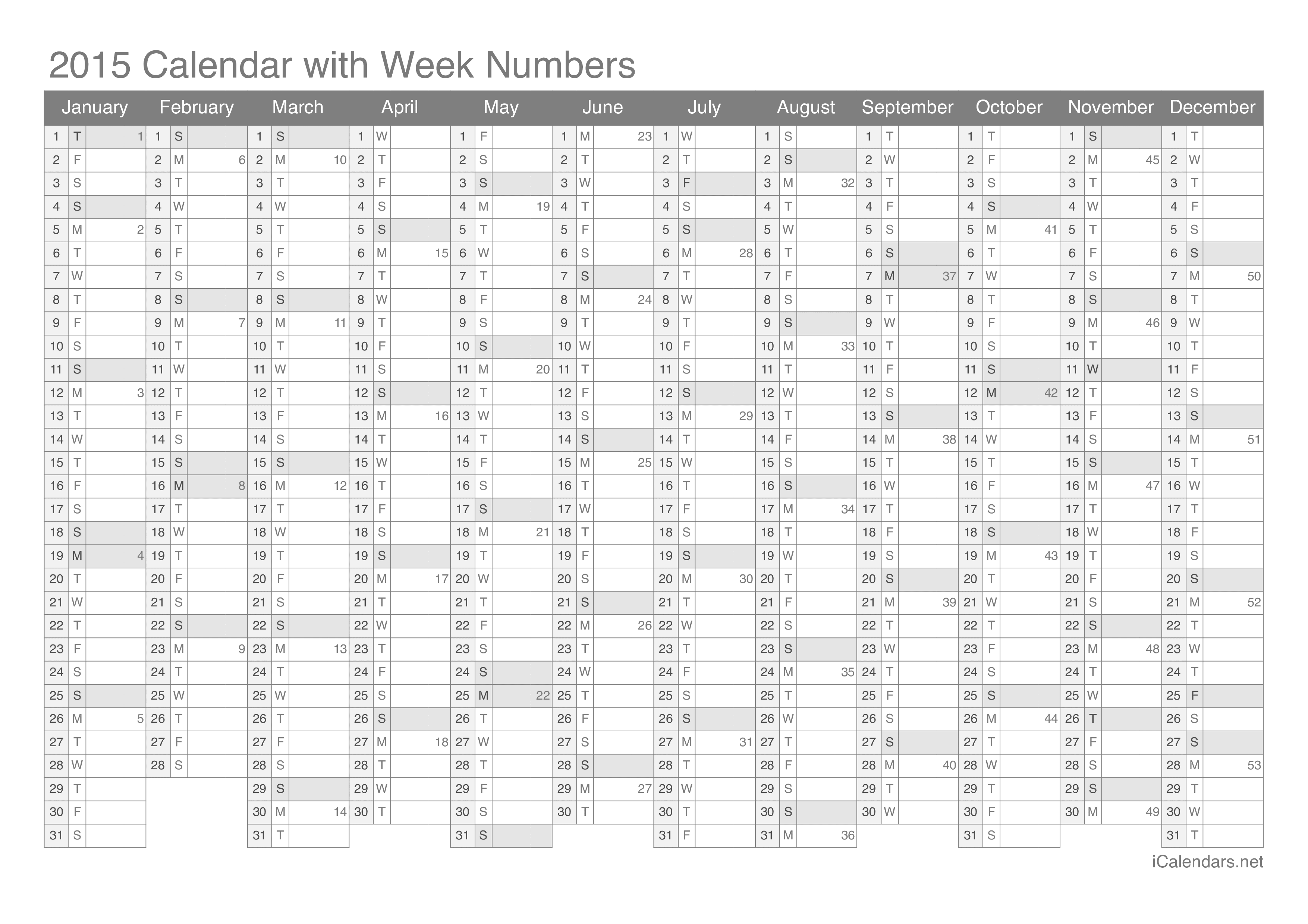 2015 Calendar with week numbers