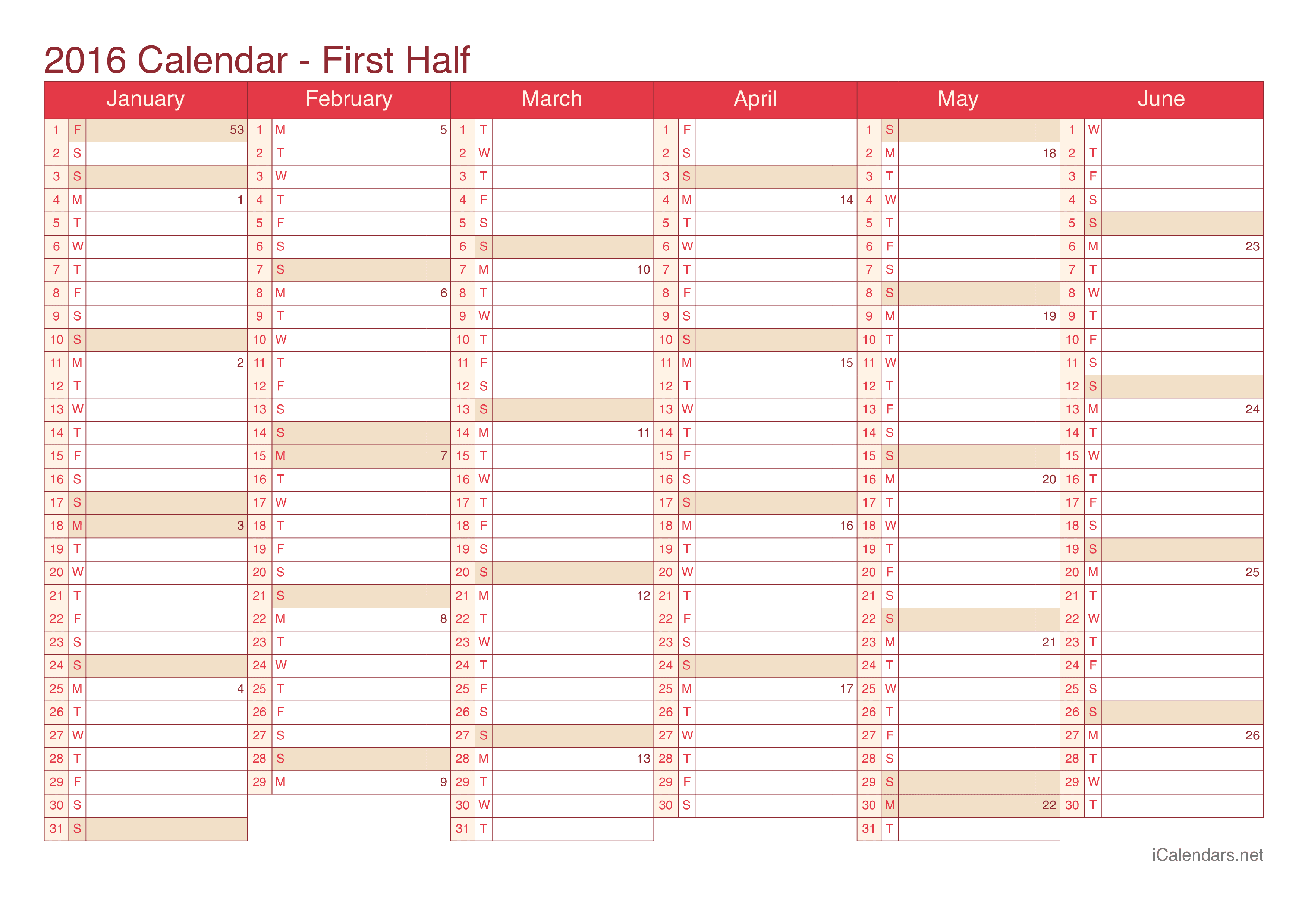 2016 Half year calendar with week numbers - Cherry
