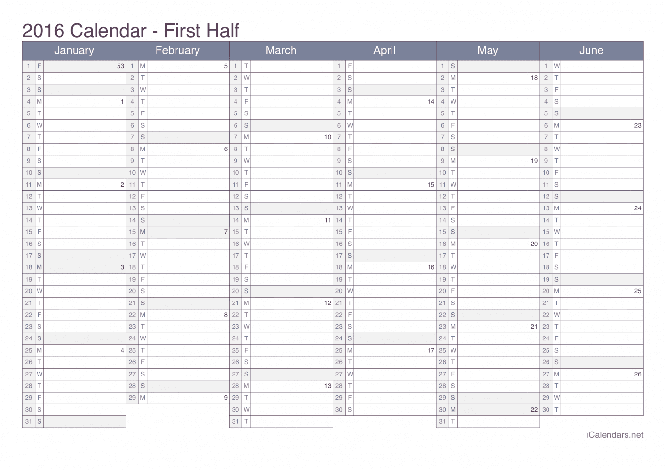 2016 Half year calendar with week numbers - Office