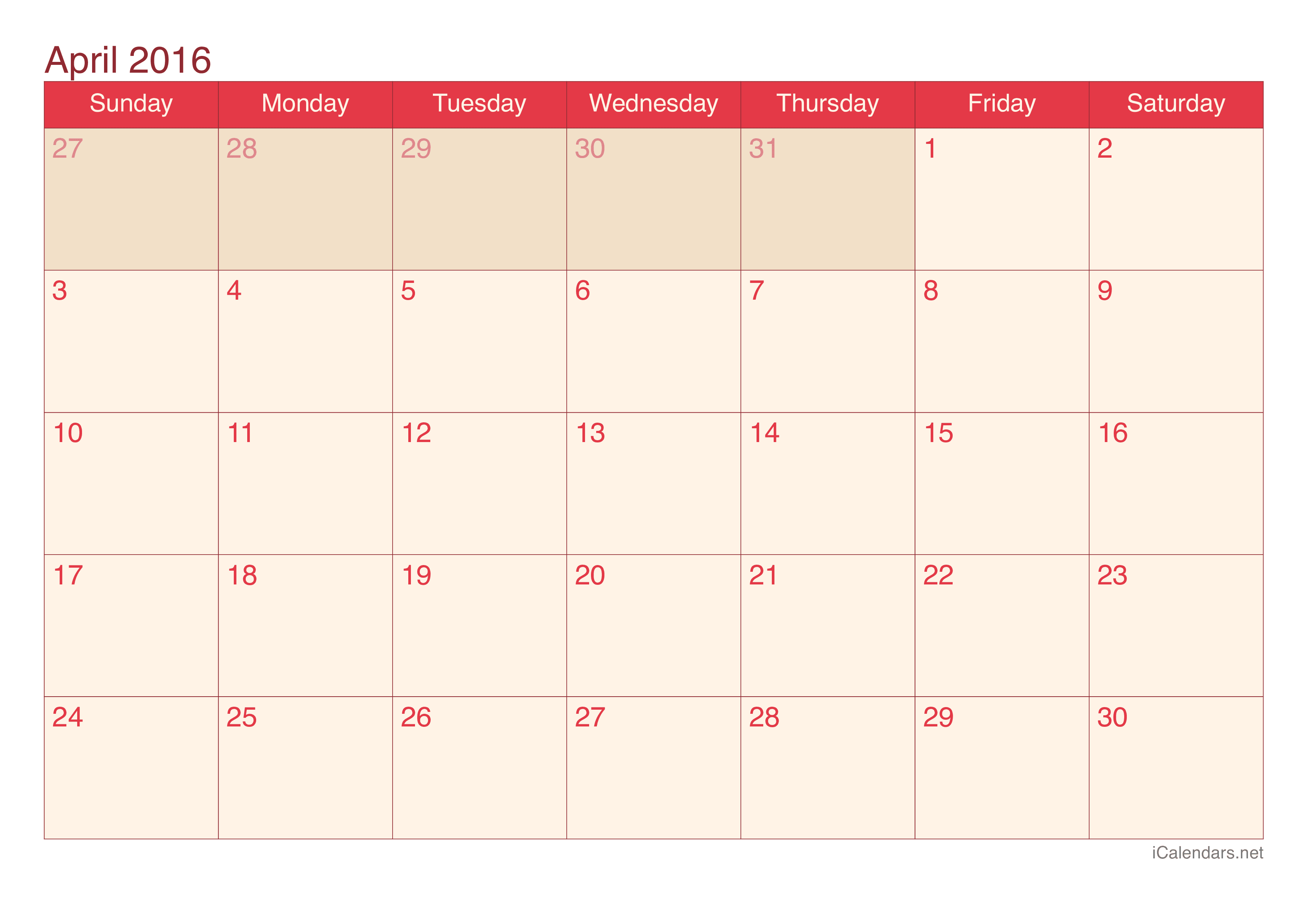2016 April Calendar - Cherry