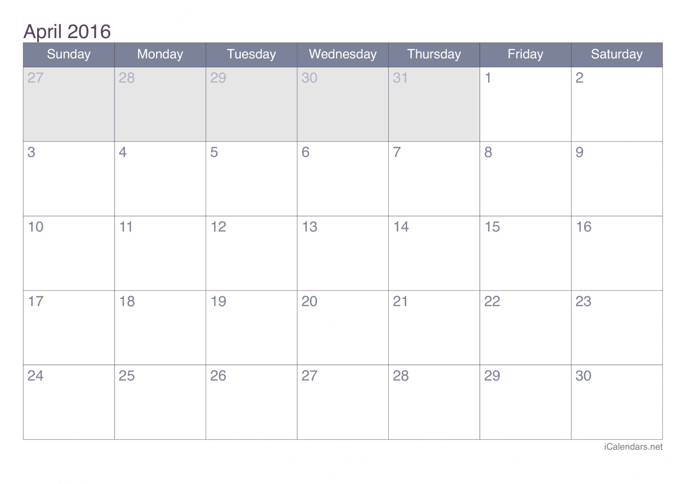 2016 April Calendar - Office