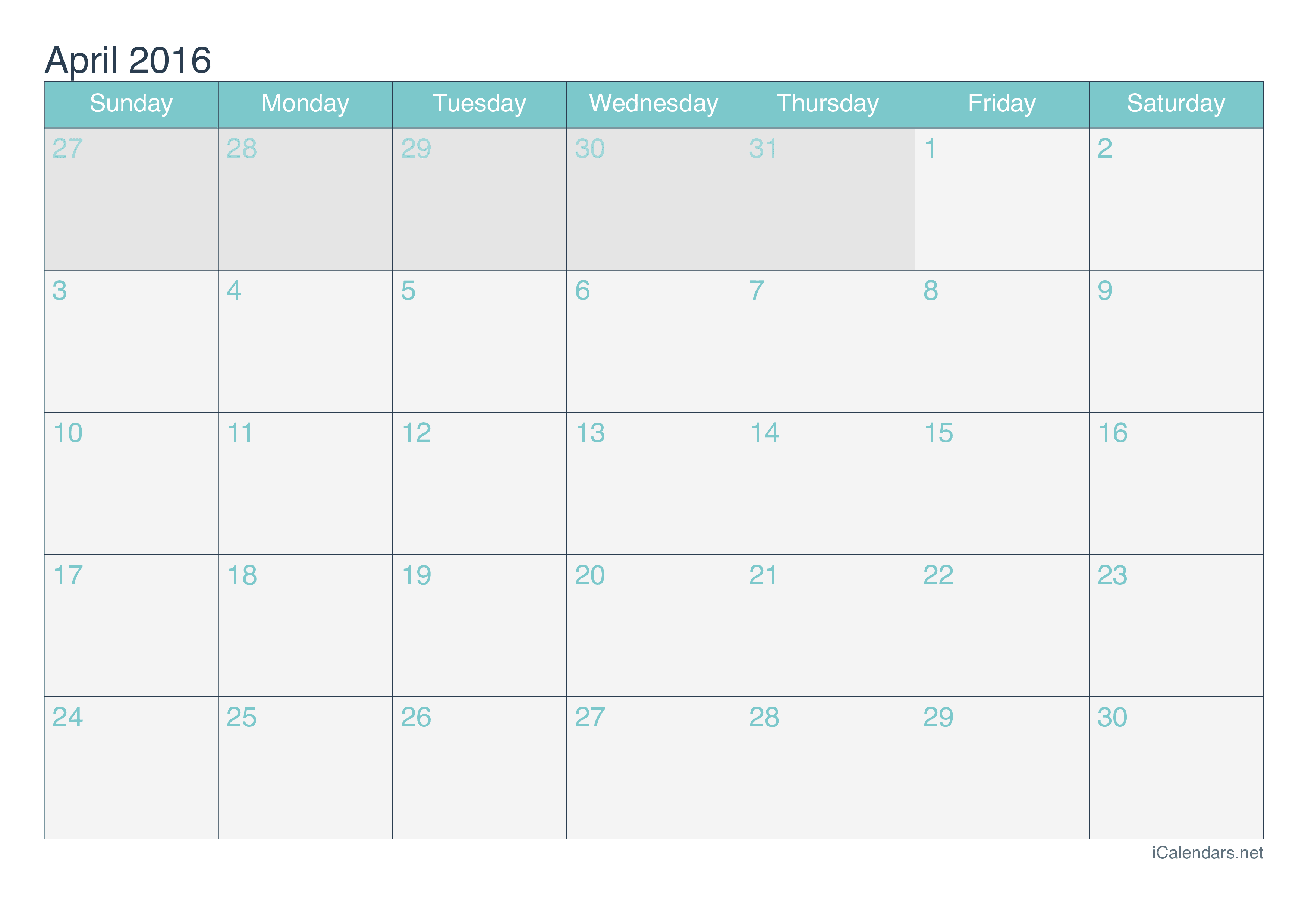 2016 April Calendar - Turquoise