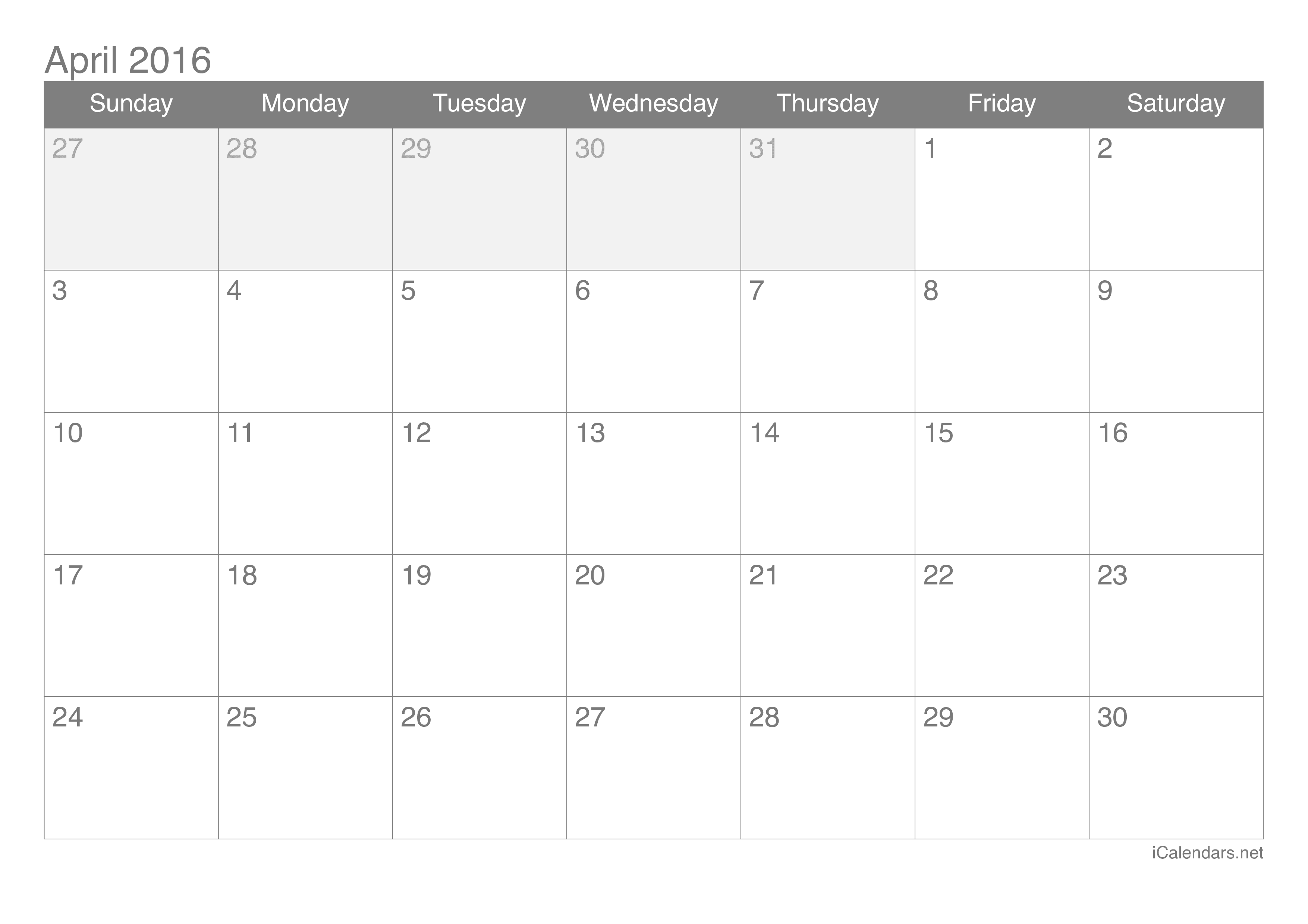 2016 April Calendar