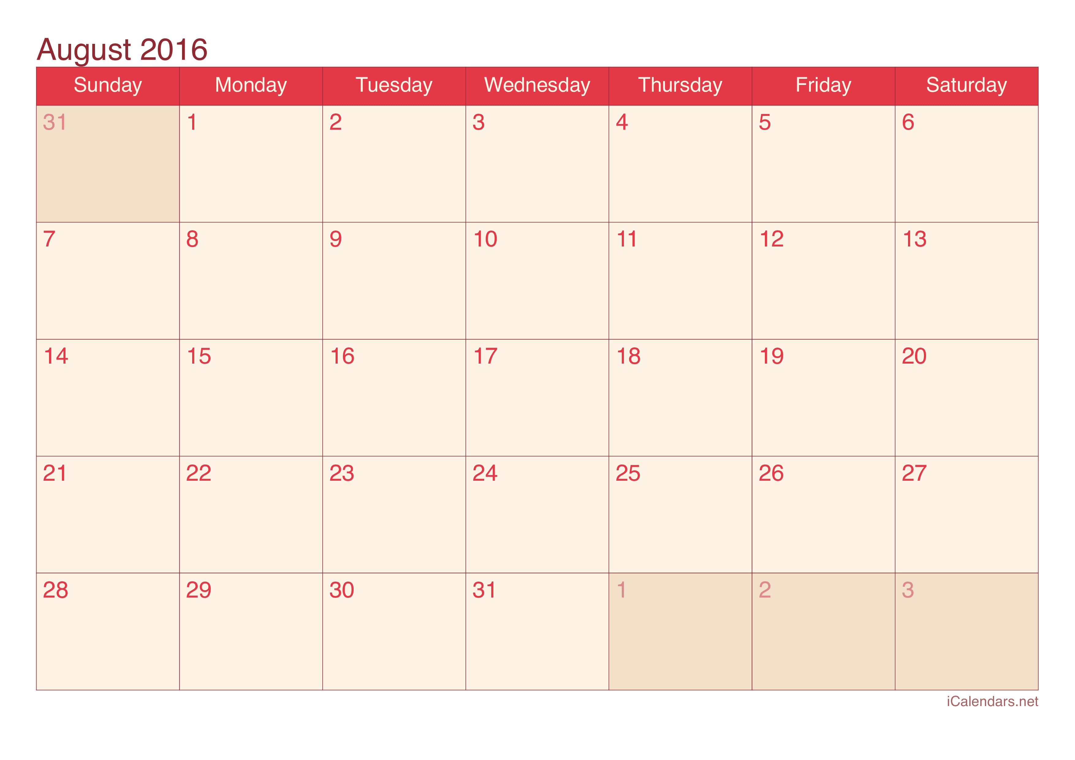 2016 August Calendar - Cherry
