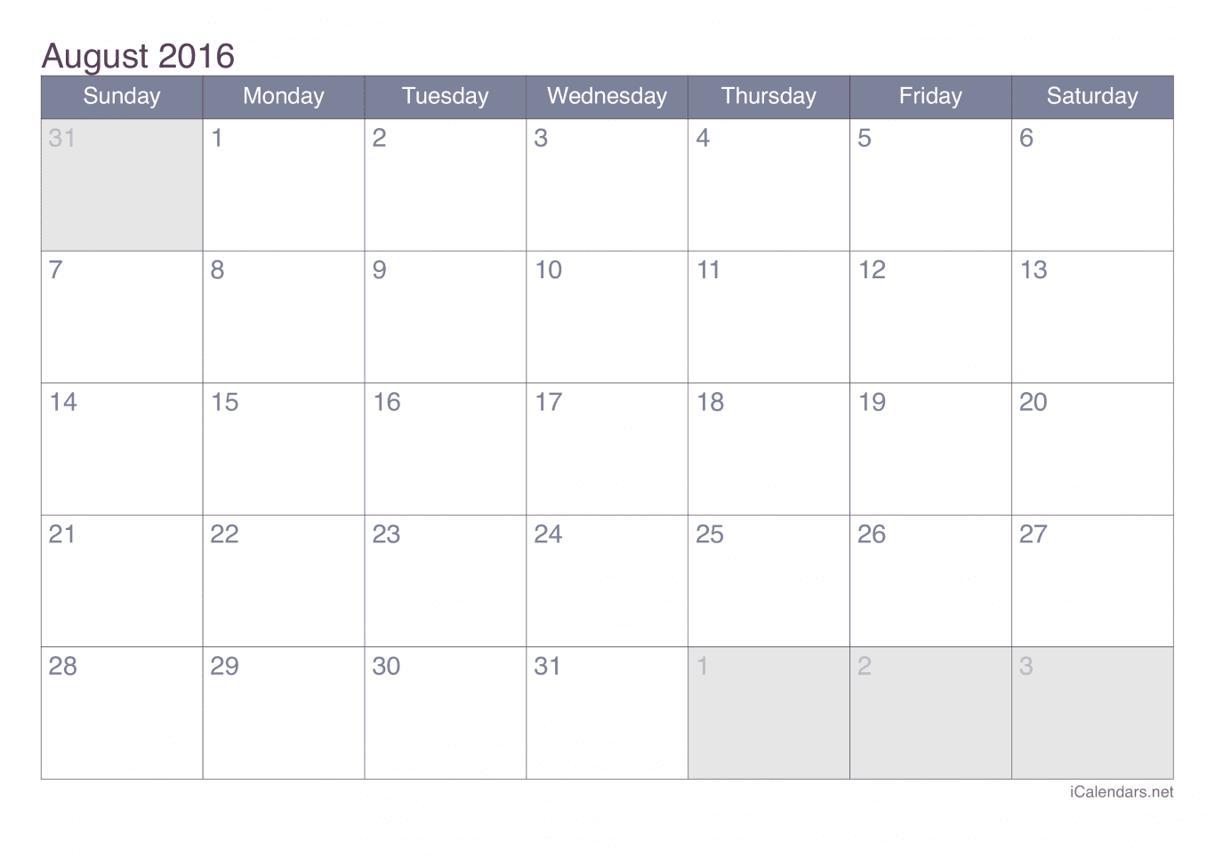 2016 August Calendar - Office