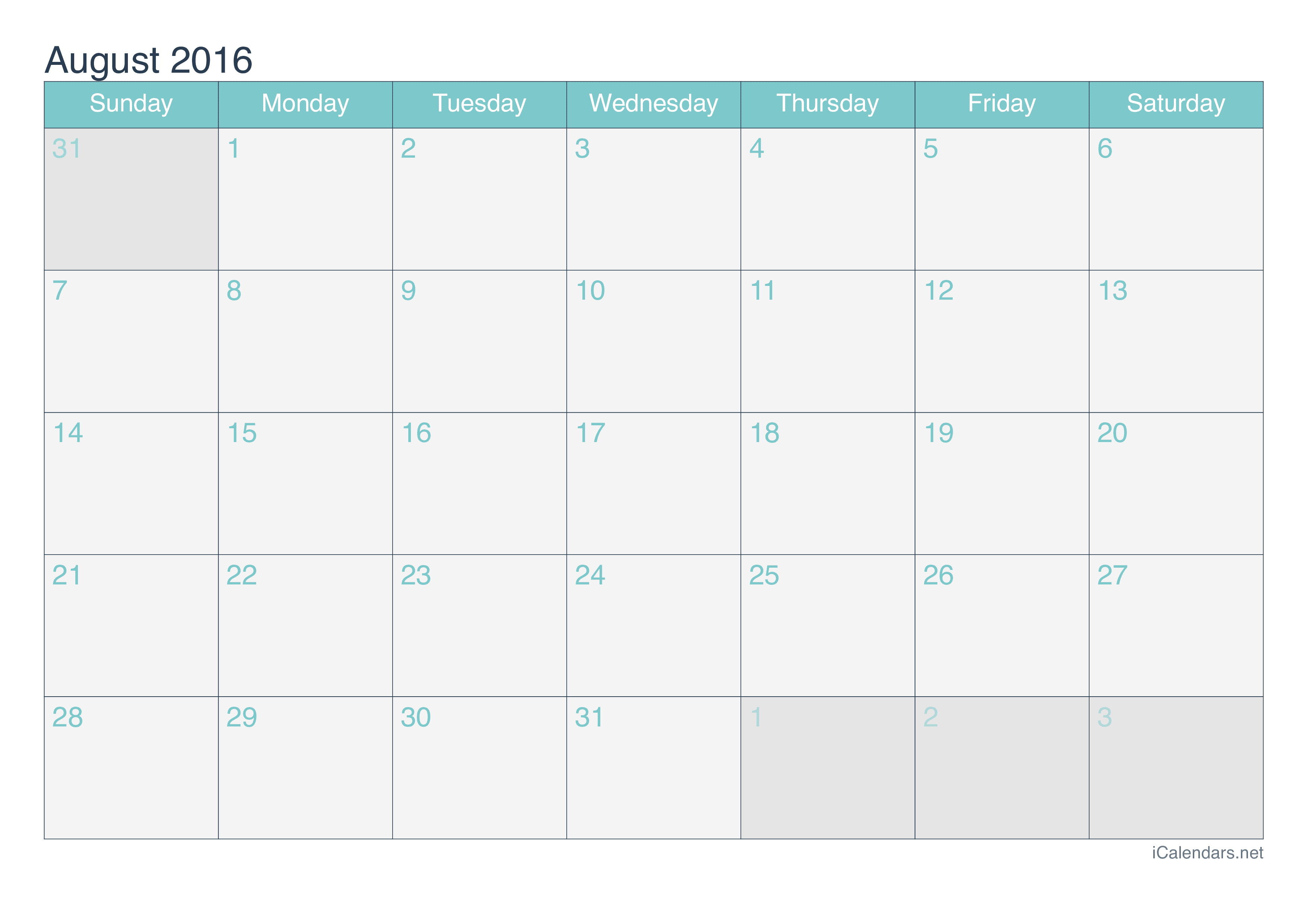 2016 August Calendar - Turquoise