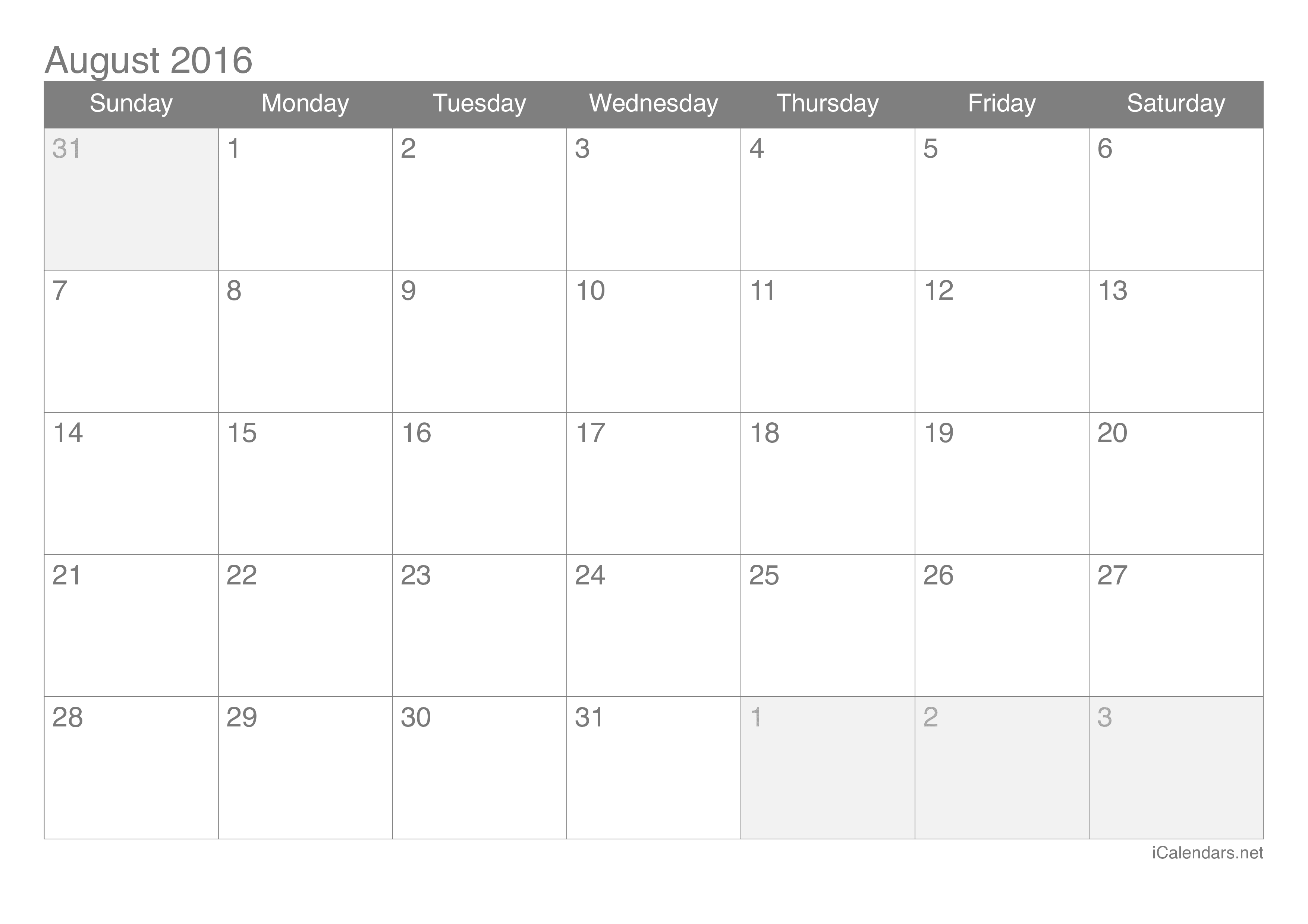 2016 August Calendar