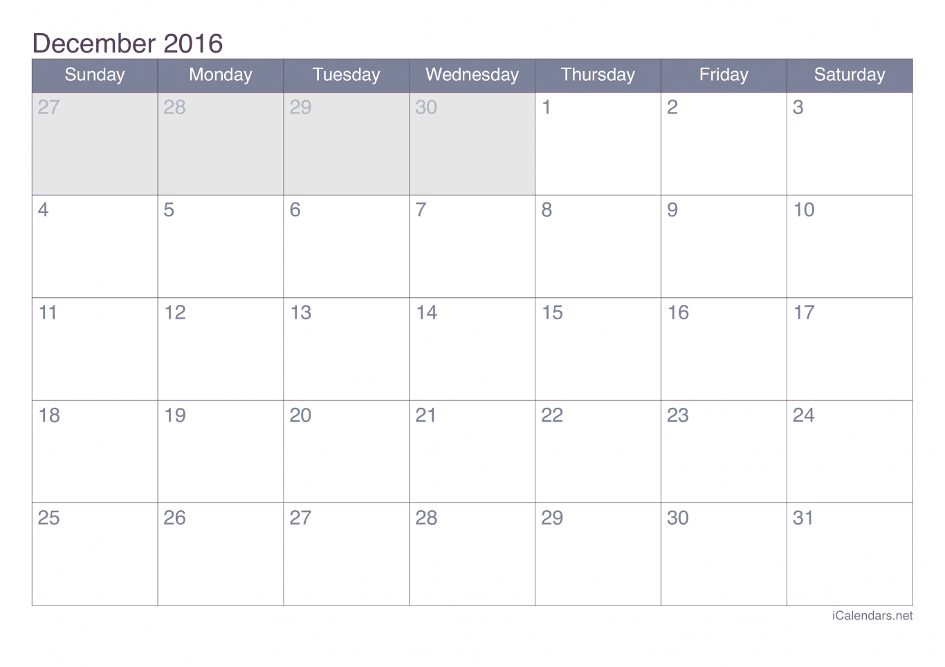 2016 December Calendar - Office