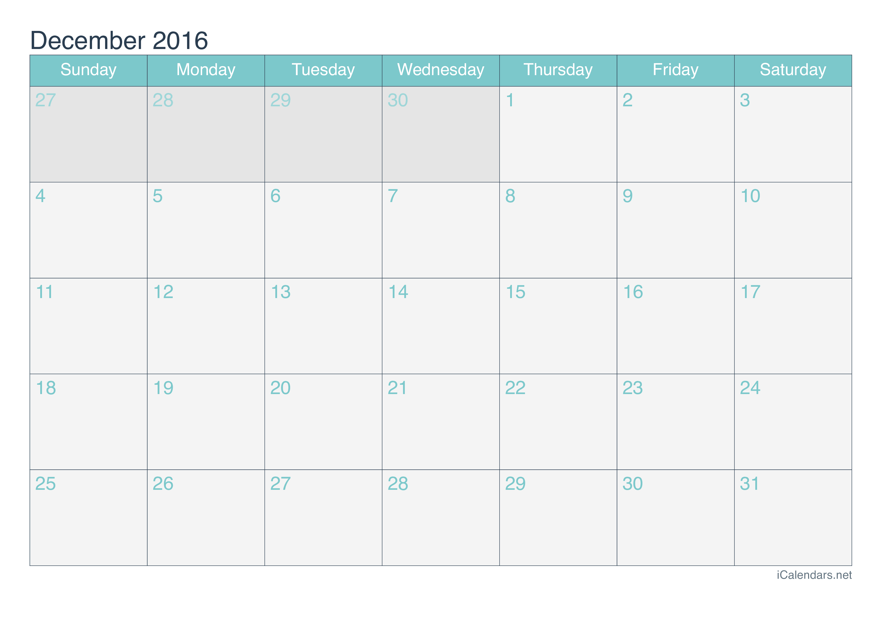 2016 December Calendar - Turquoise