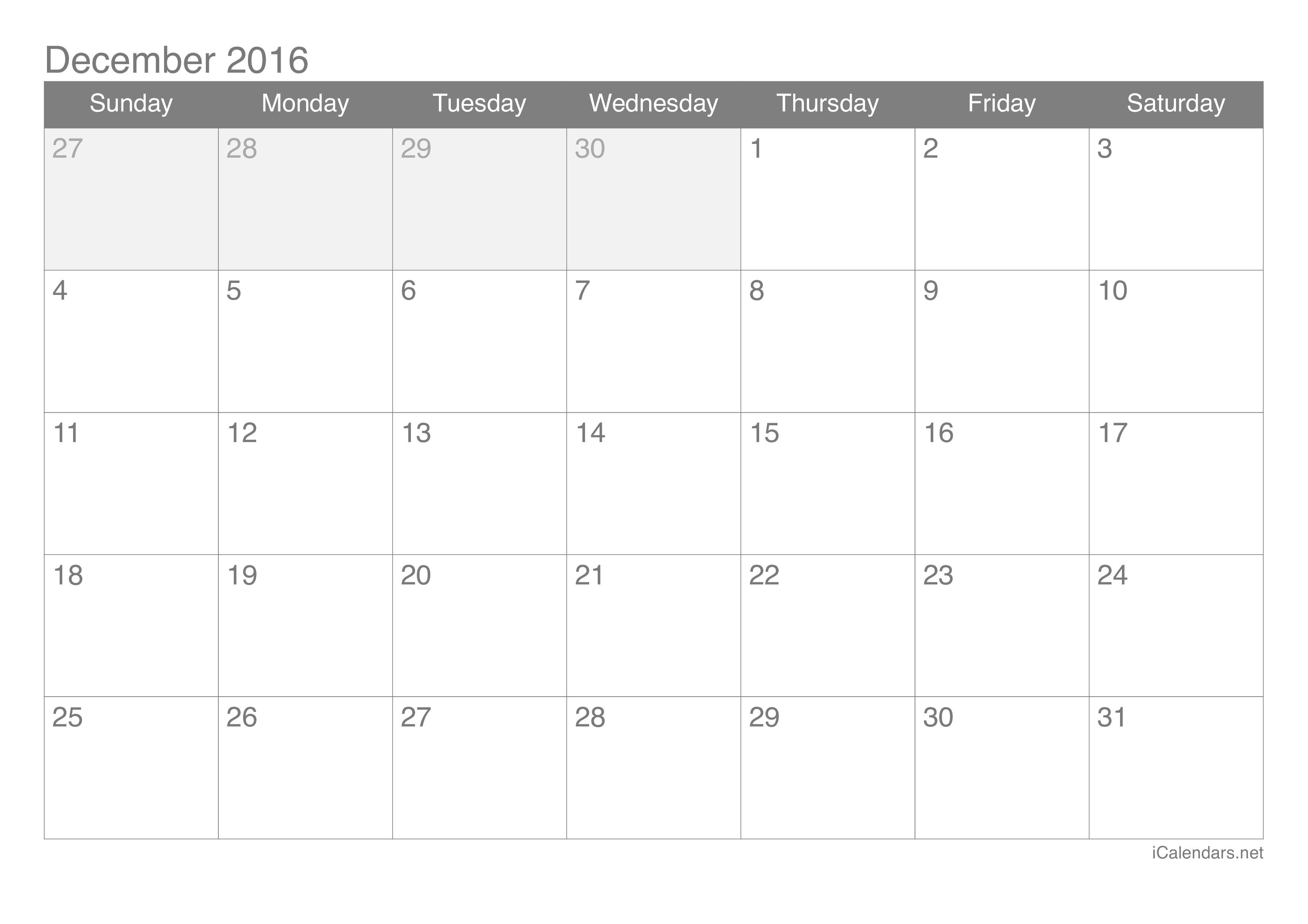2016 December Calendar