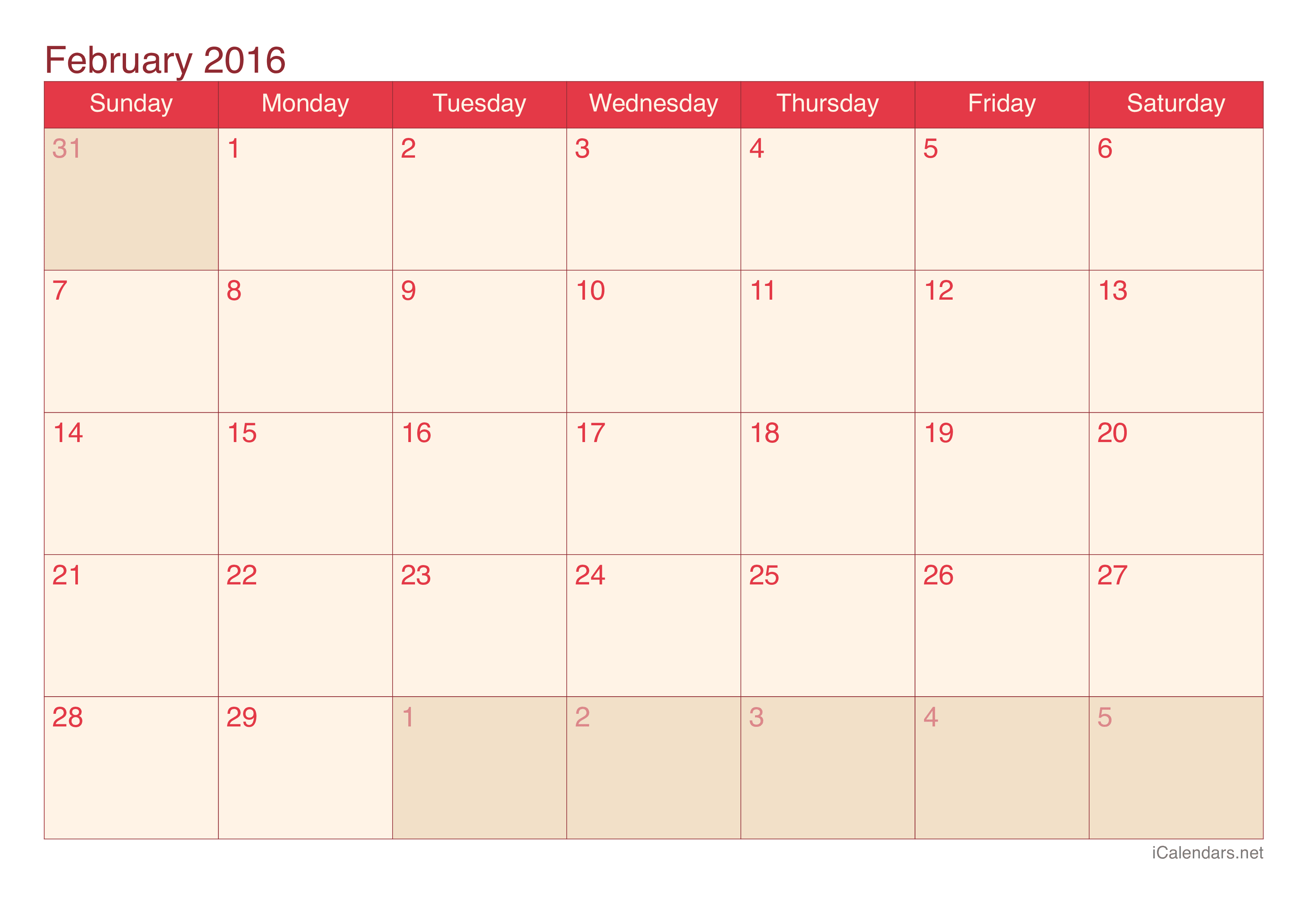 2016 February Calendar - Cherry