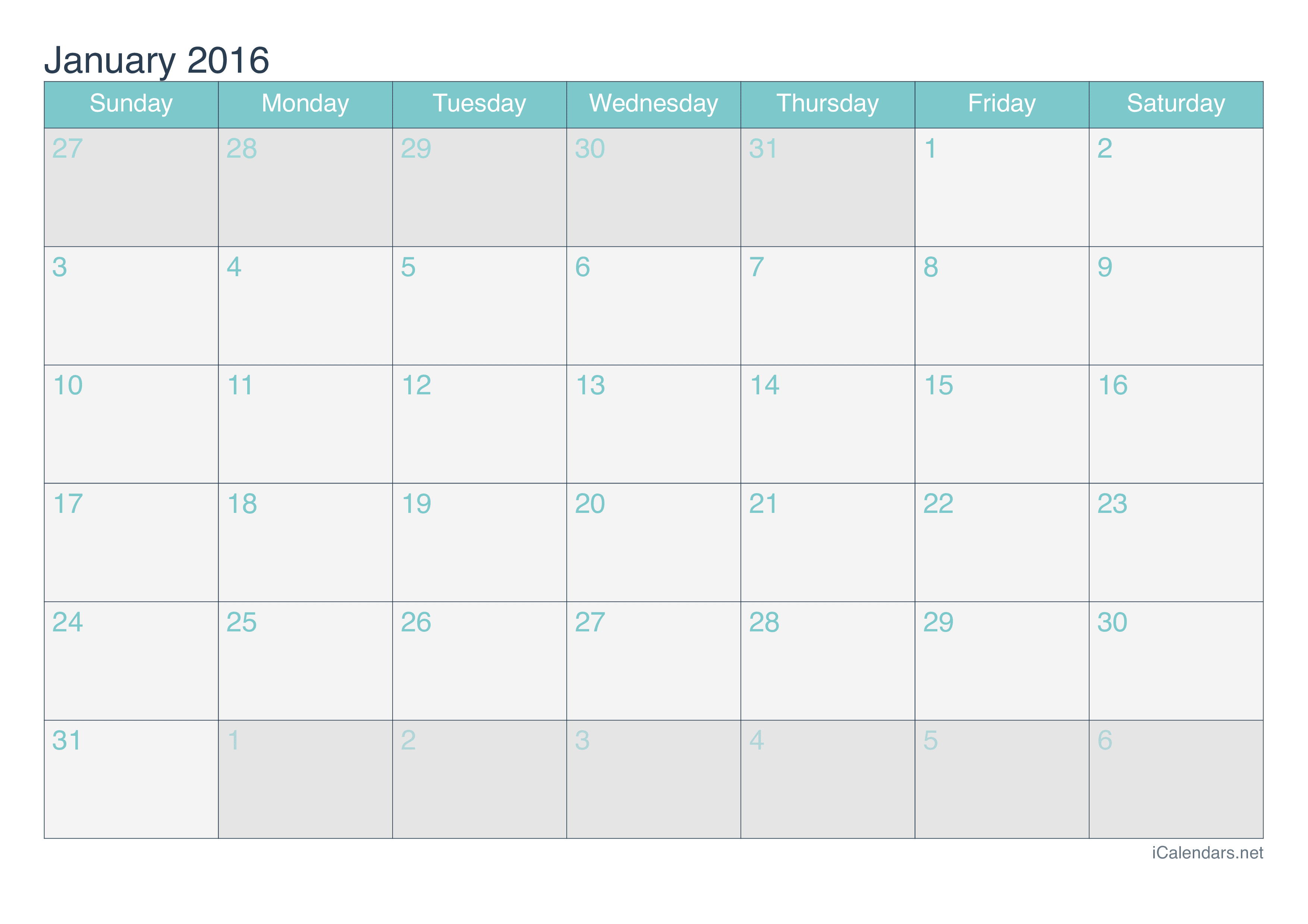 2016 January Calendar - Turquoise