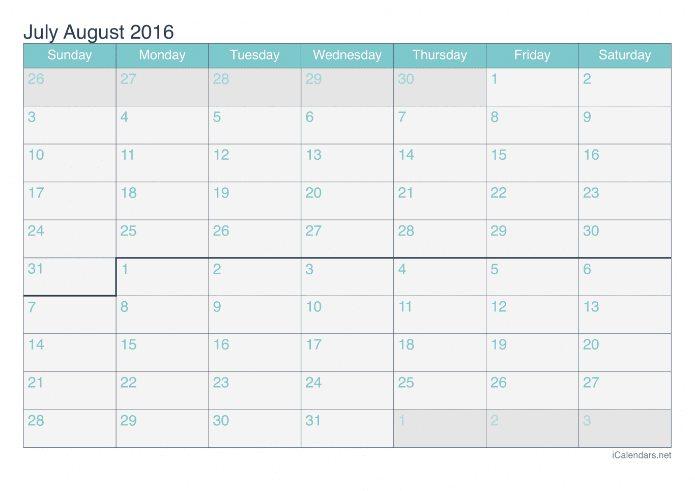 2016 July August Calendar - Turquoise