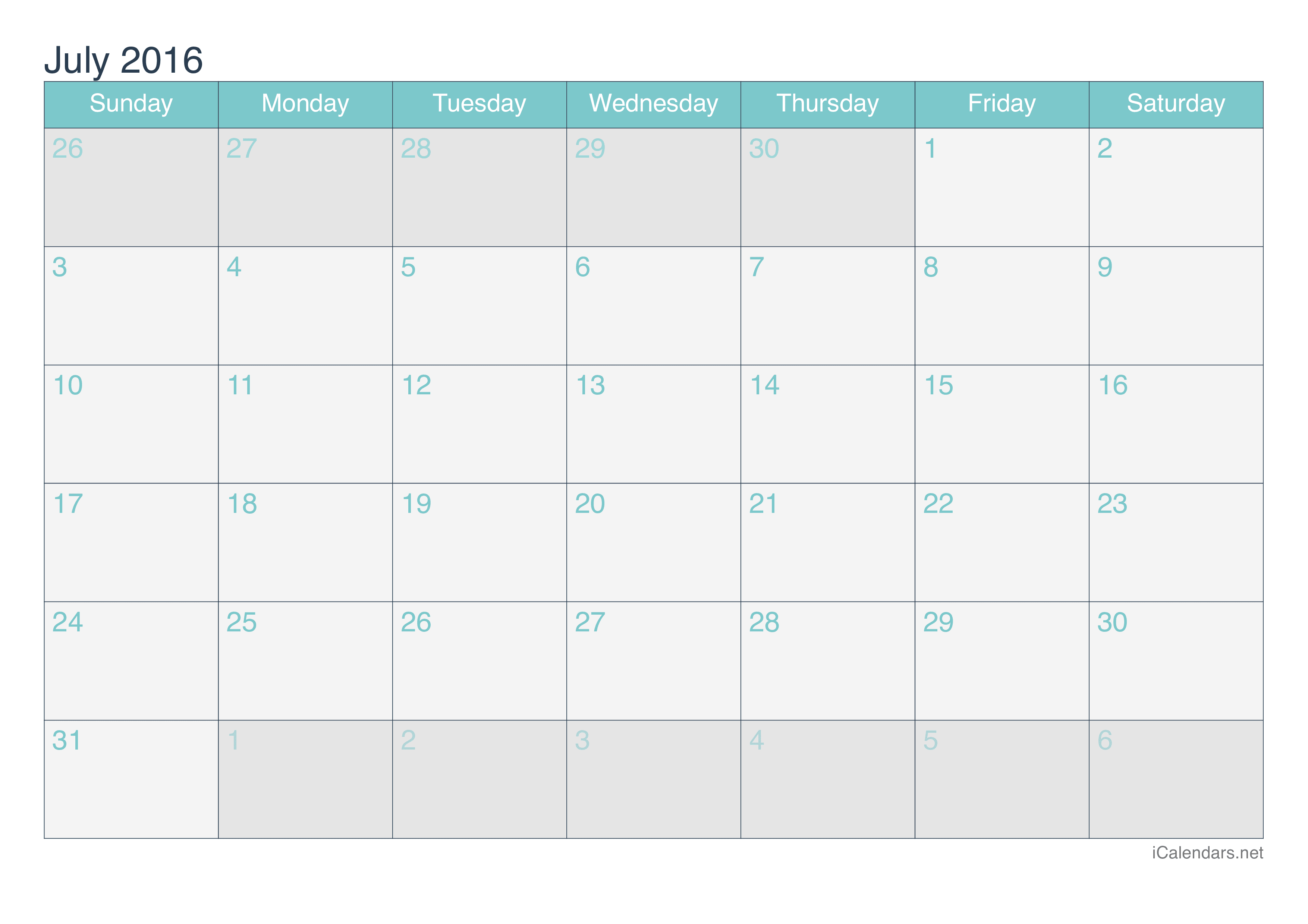 2016 July Calendar - Turquoise