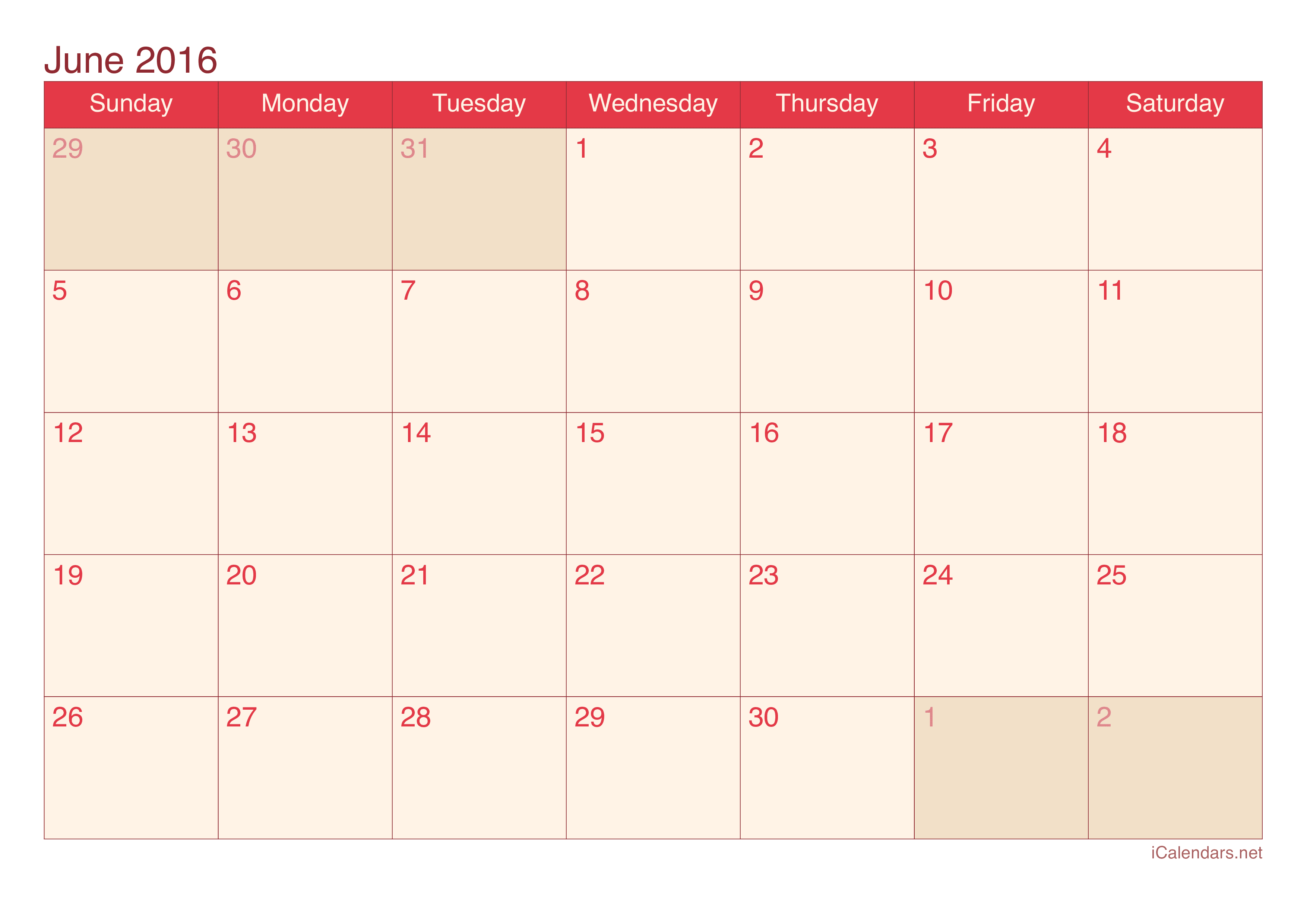 2016 June Calendar - Cherry