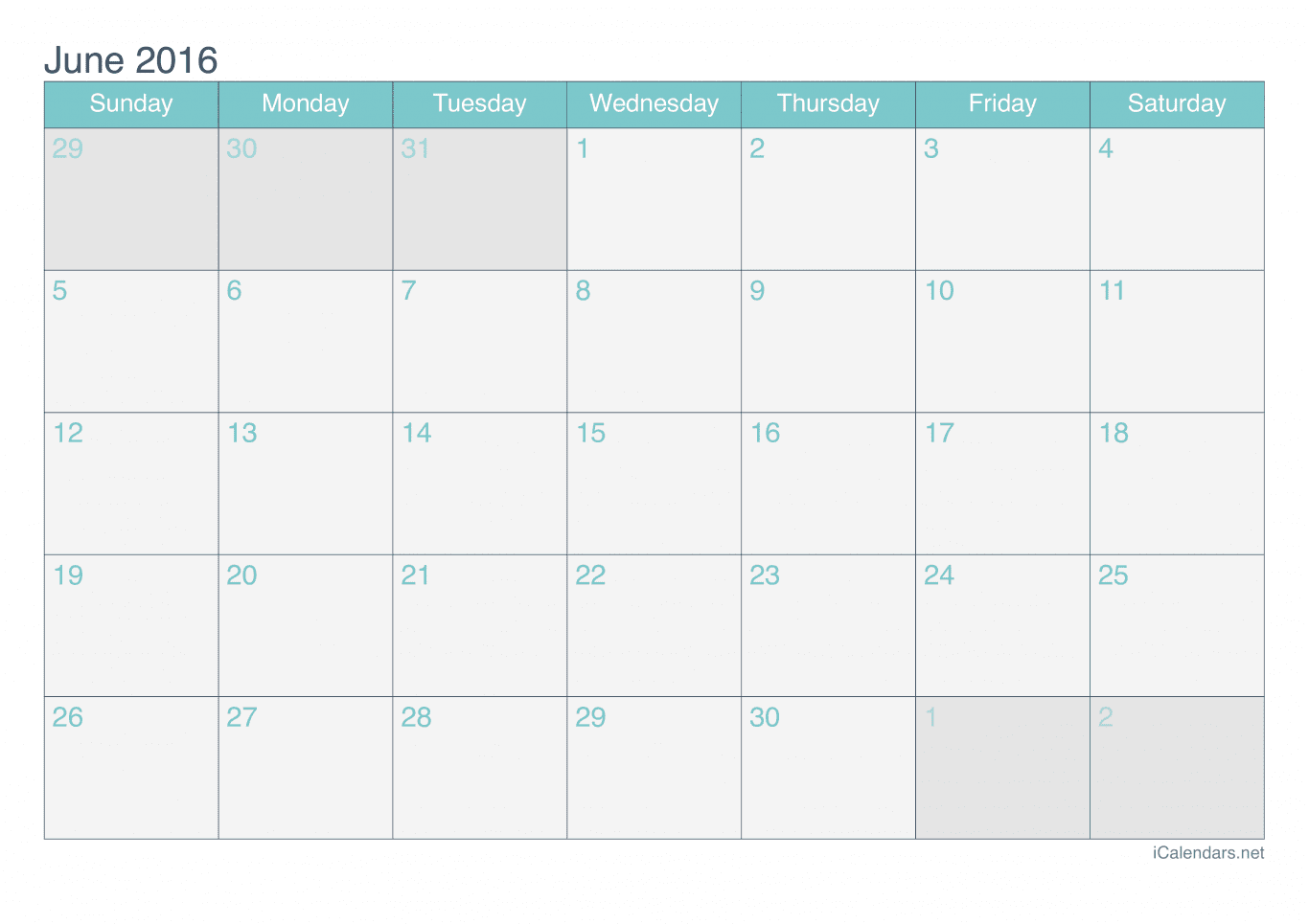2016 June Calendar - Turquoise