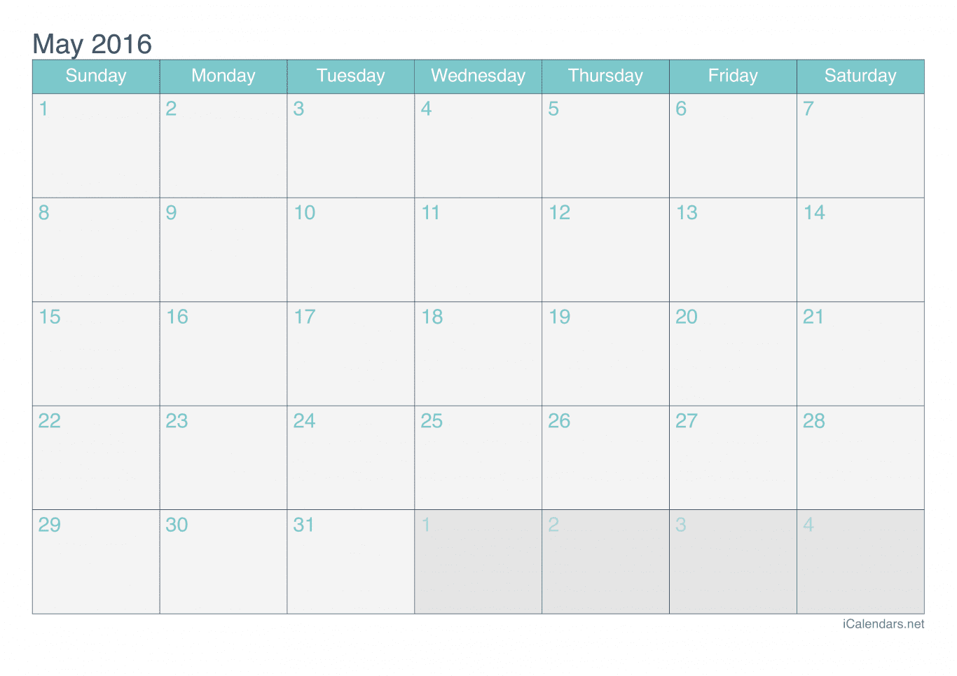 2016 May Calendar - Turquoise