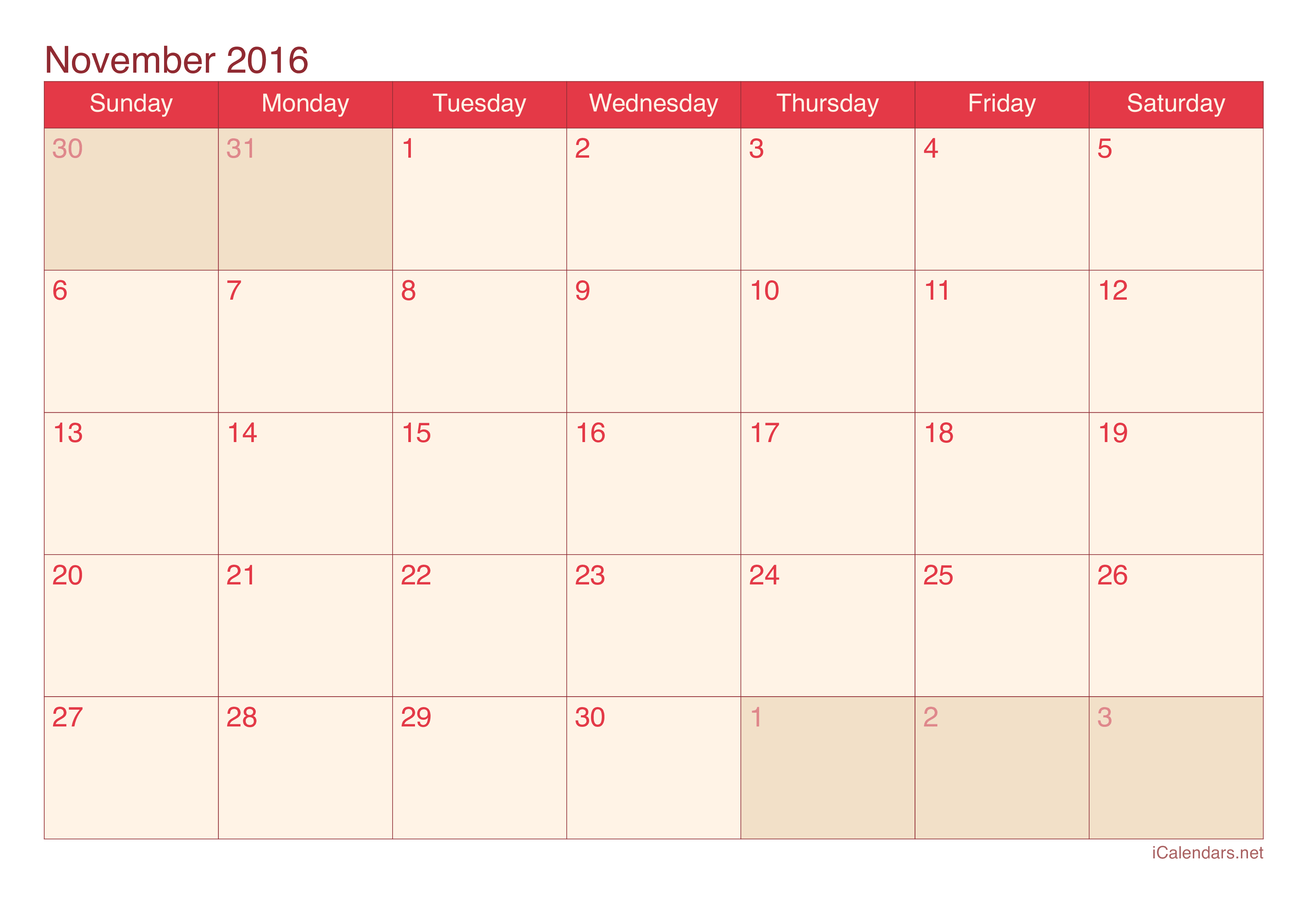 2016 November Calendar - Cherry