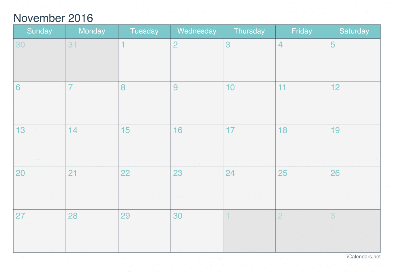 2016 November Calendar - Turquoise