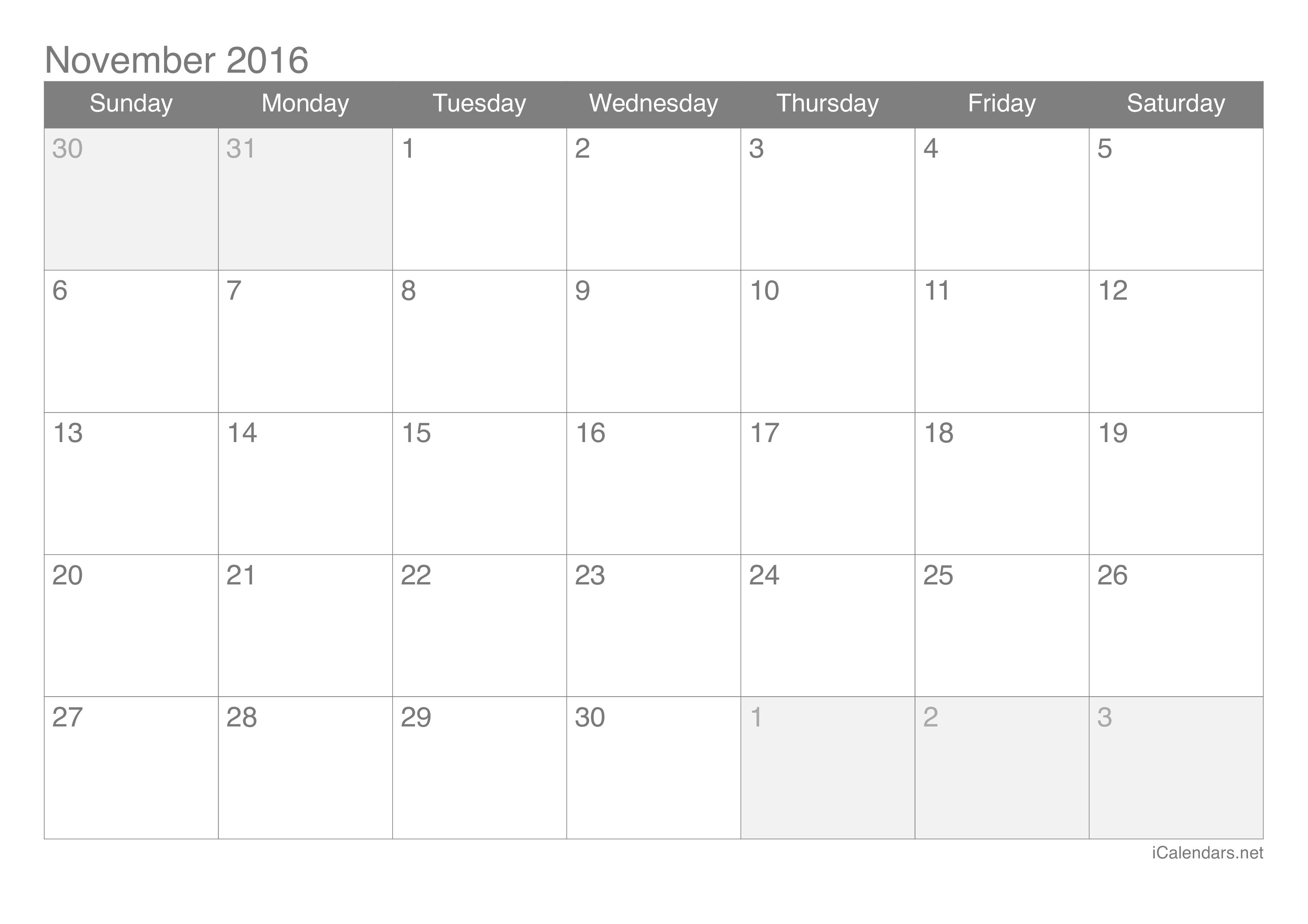 2016 November Calendar