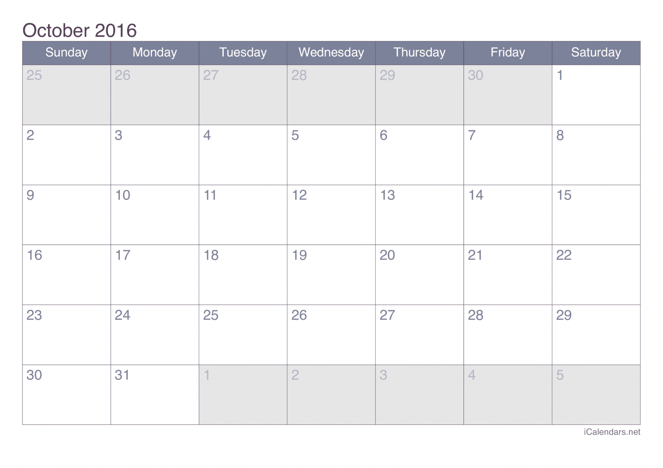 2016 October Calendar - Office