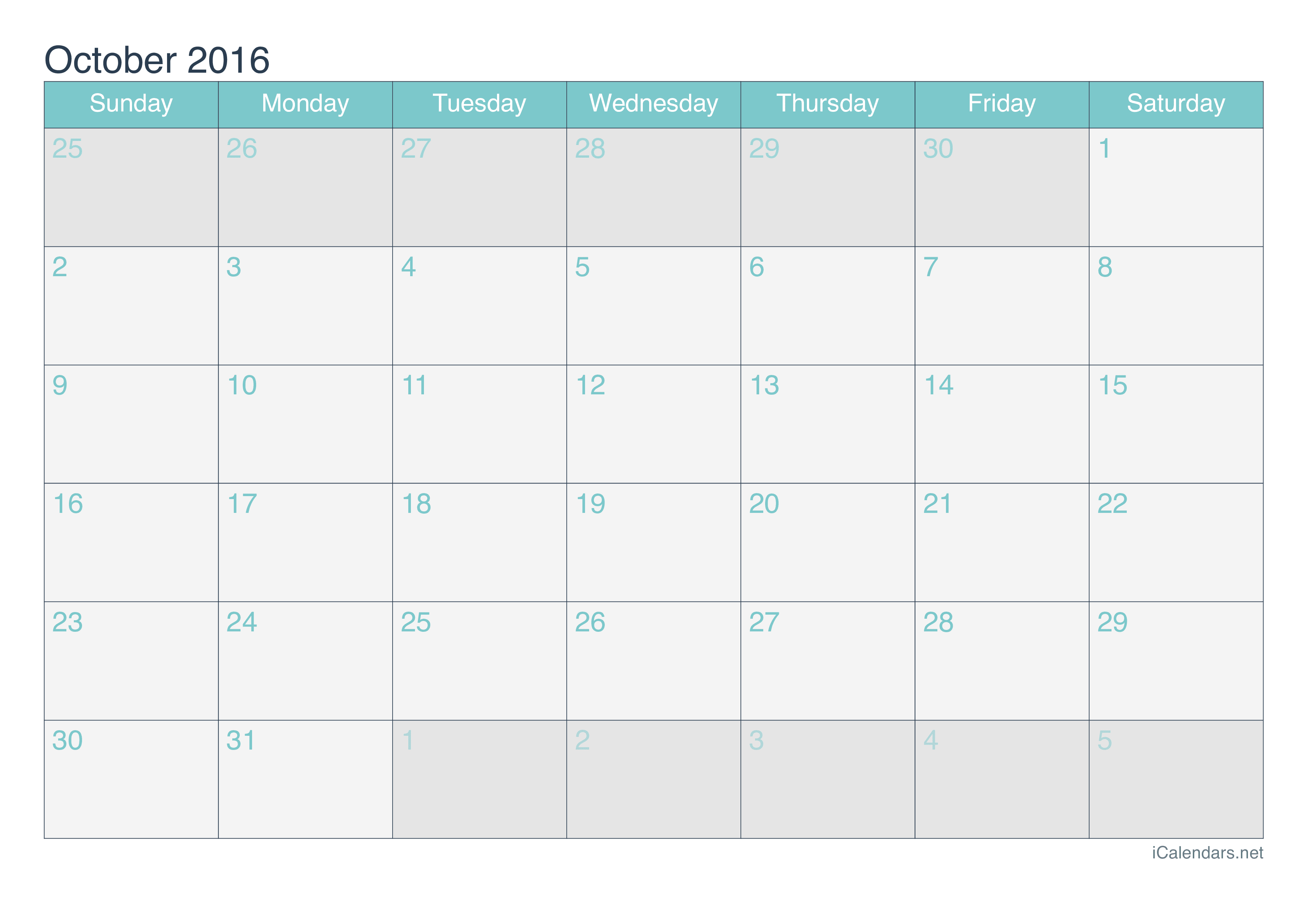 2016 October Calendar - Turquoise