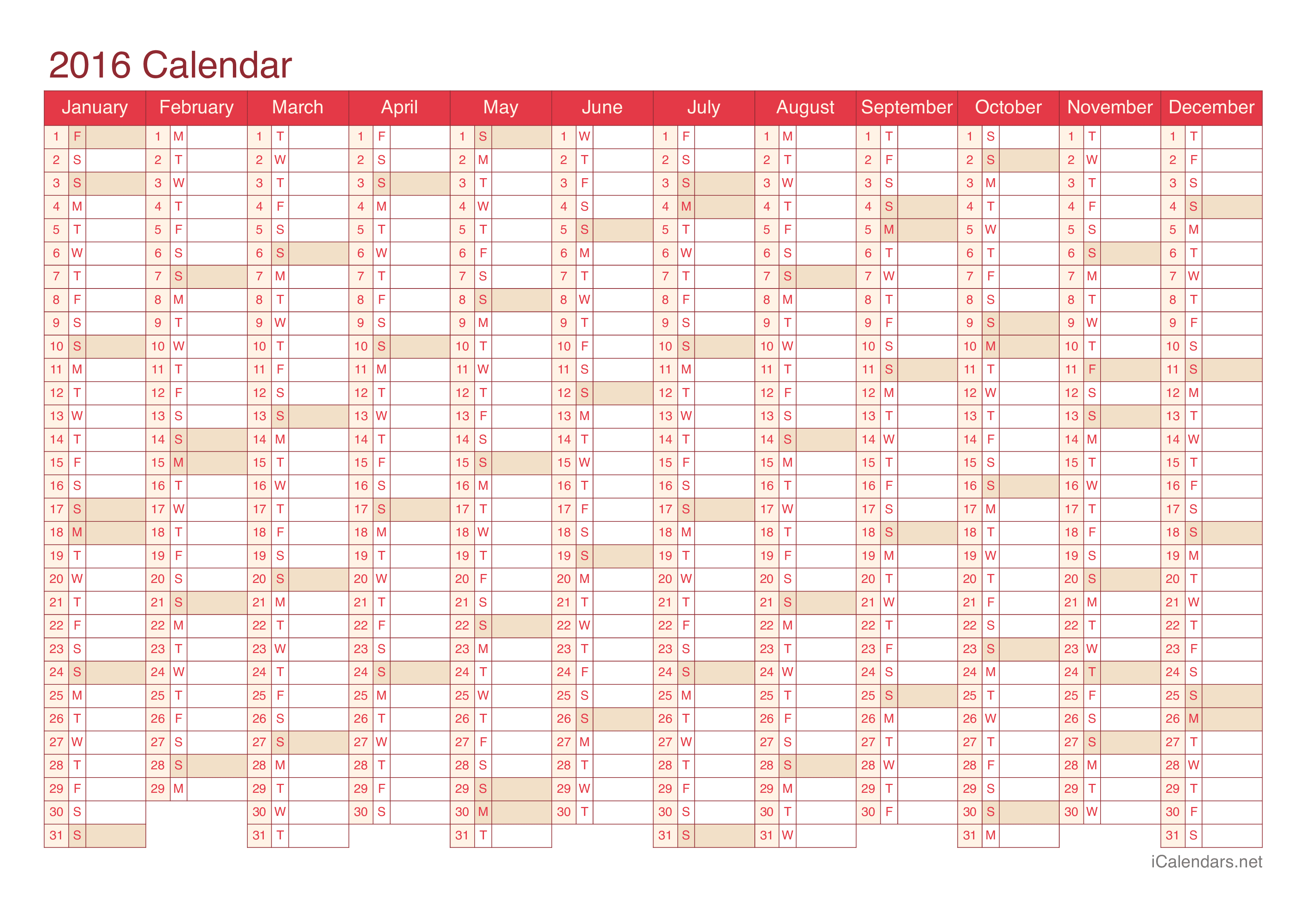 2016 Calendar - Cherry