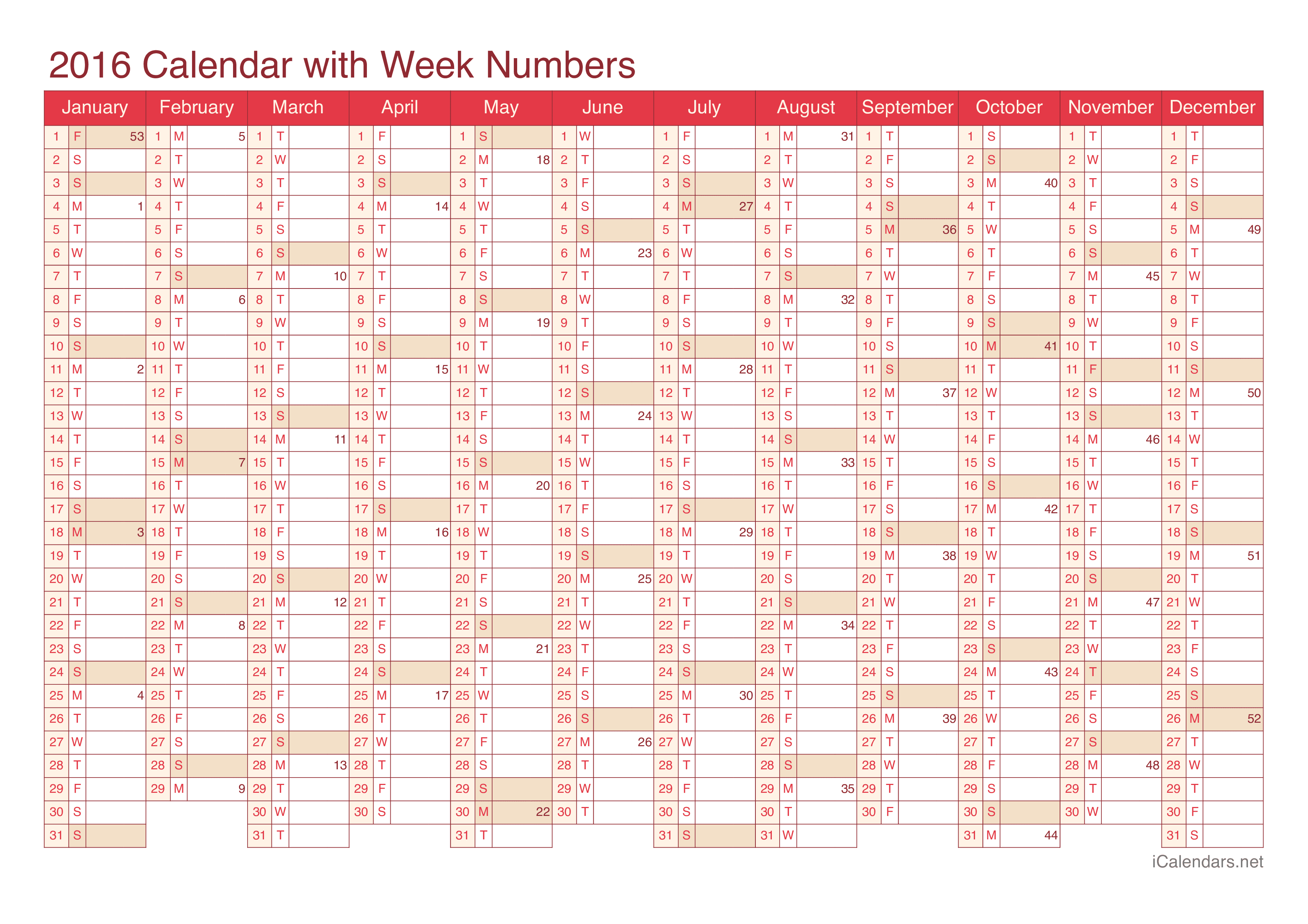 2016 Calendar with week numbers - Cherry