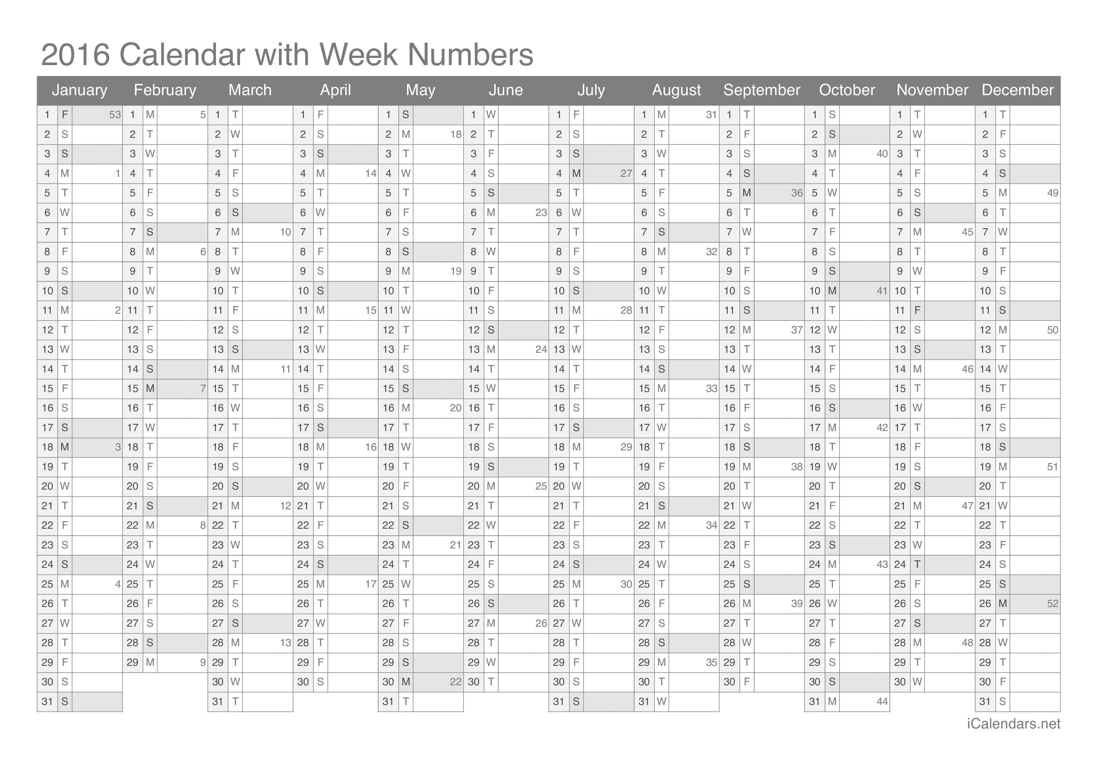 2016 Calendar with week numbers