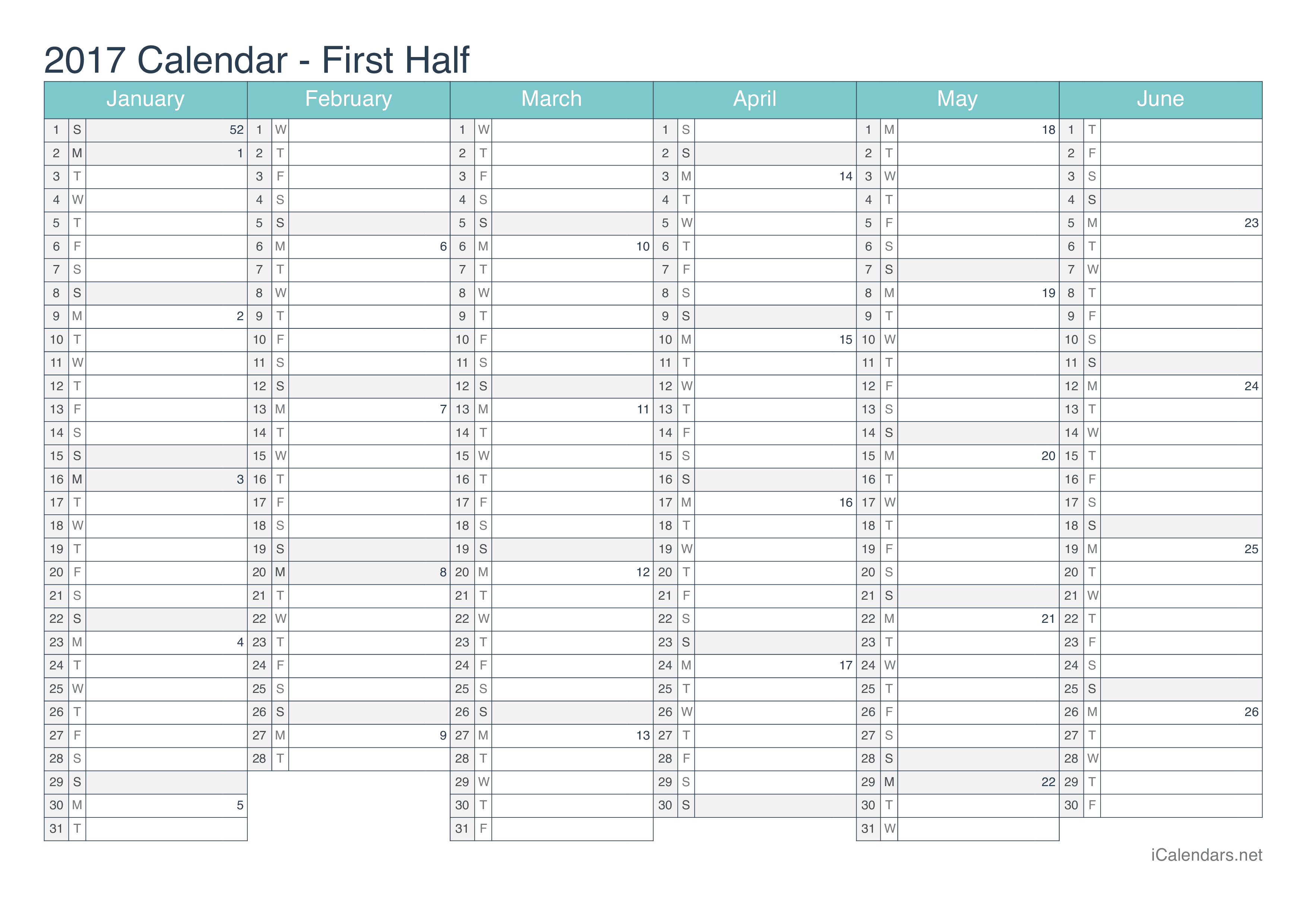 2017 Half year calendar with week numbers - Turquoise
