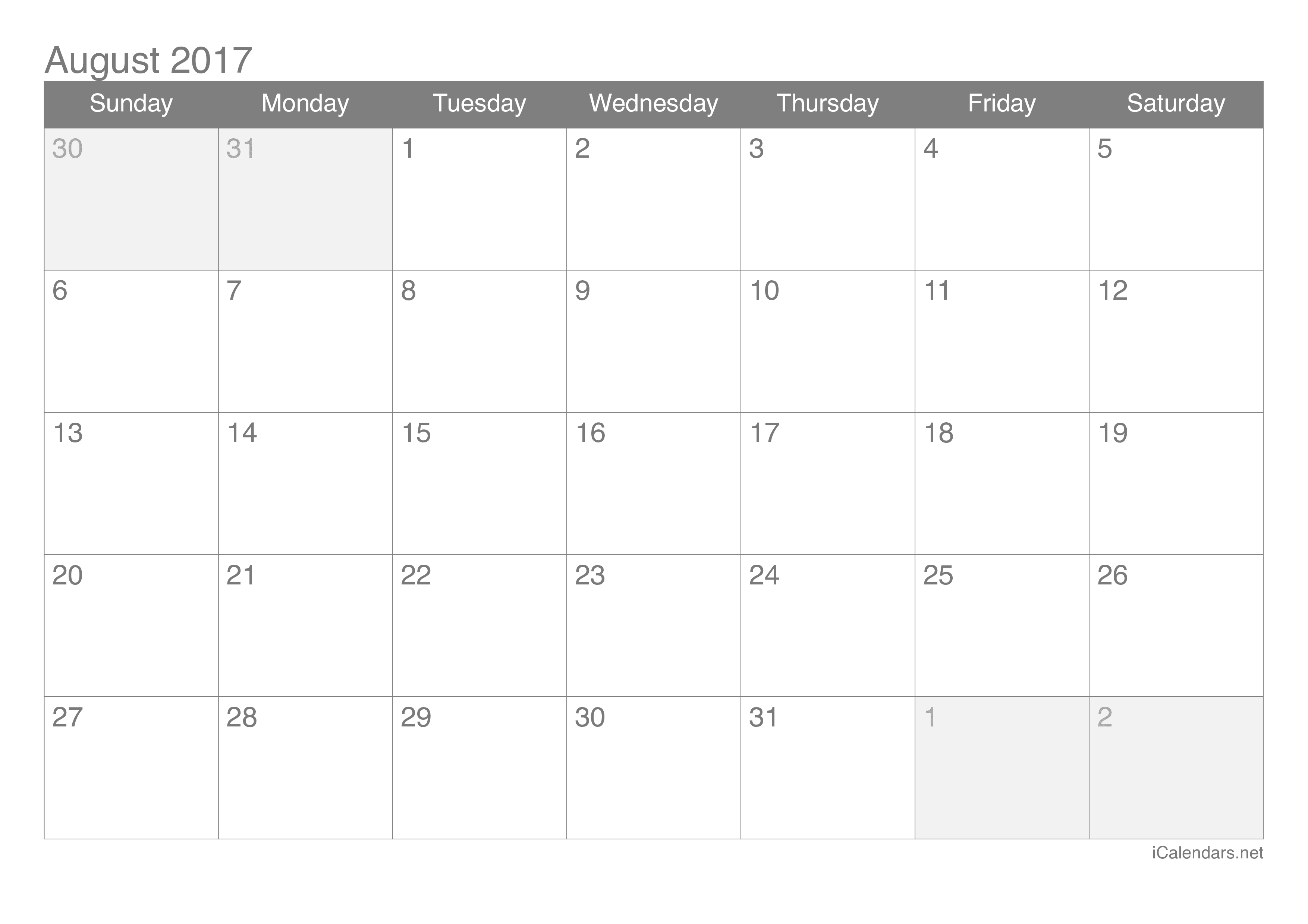 2017 August Calendar