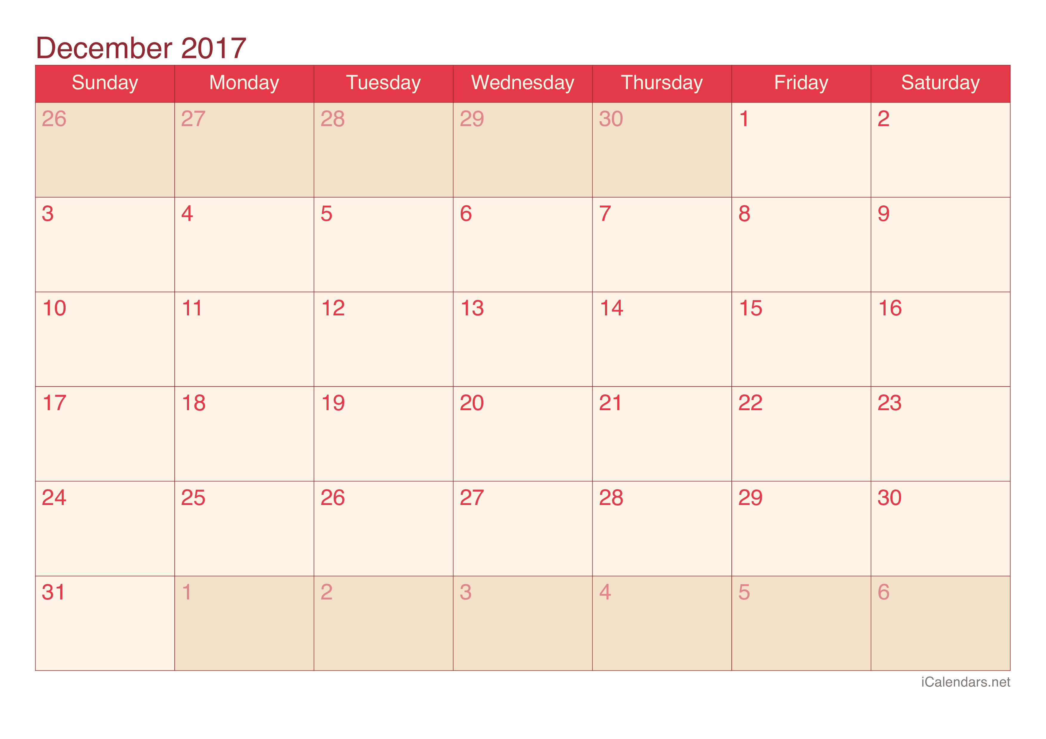 2017 December Calendar - Cherry