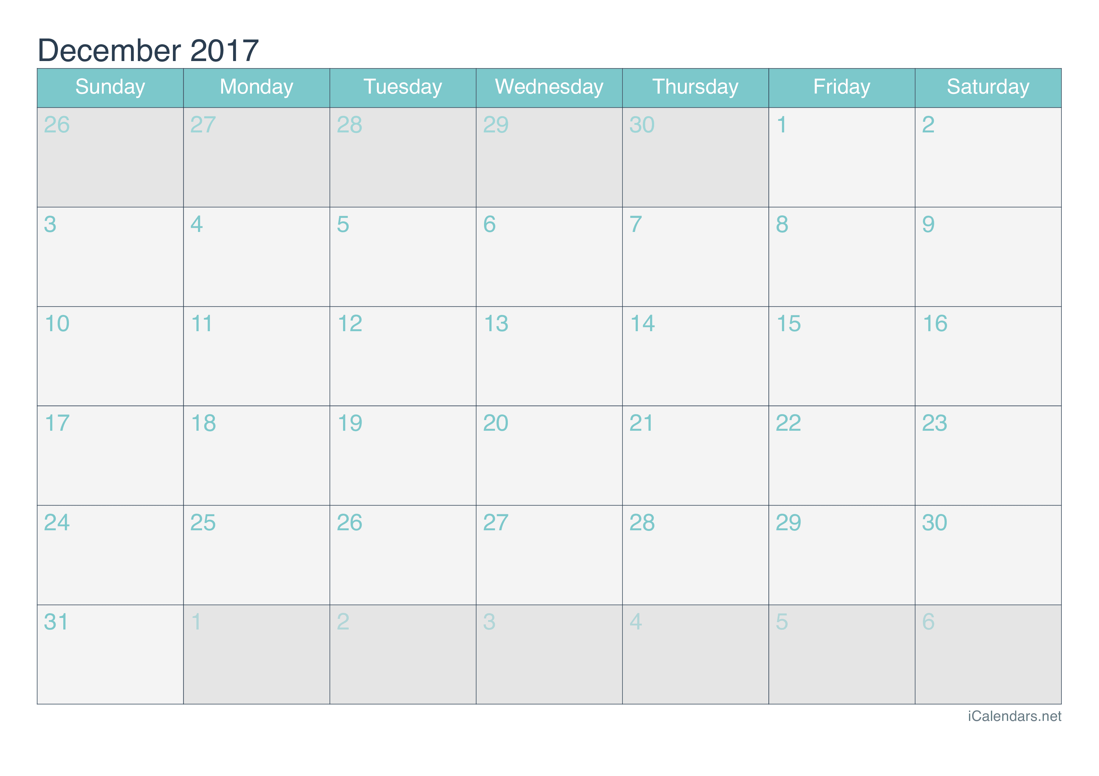 2017 December Calendar - Turquoise