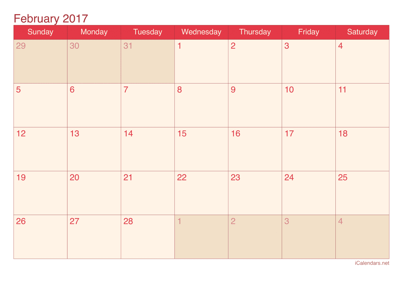 2017 February Calendar - Cherry