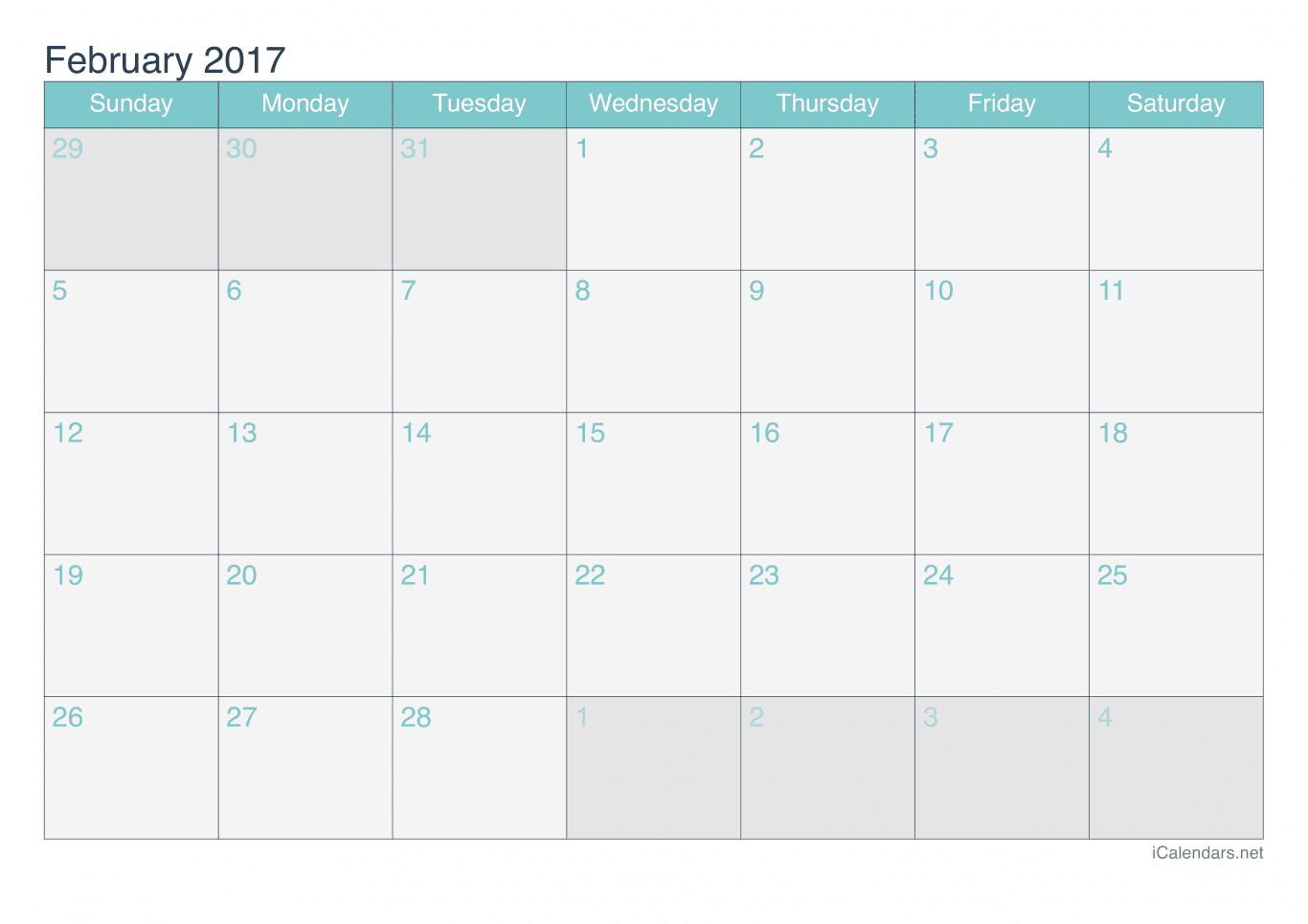 2017 February Calendar - Turquoise